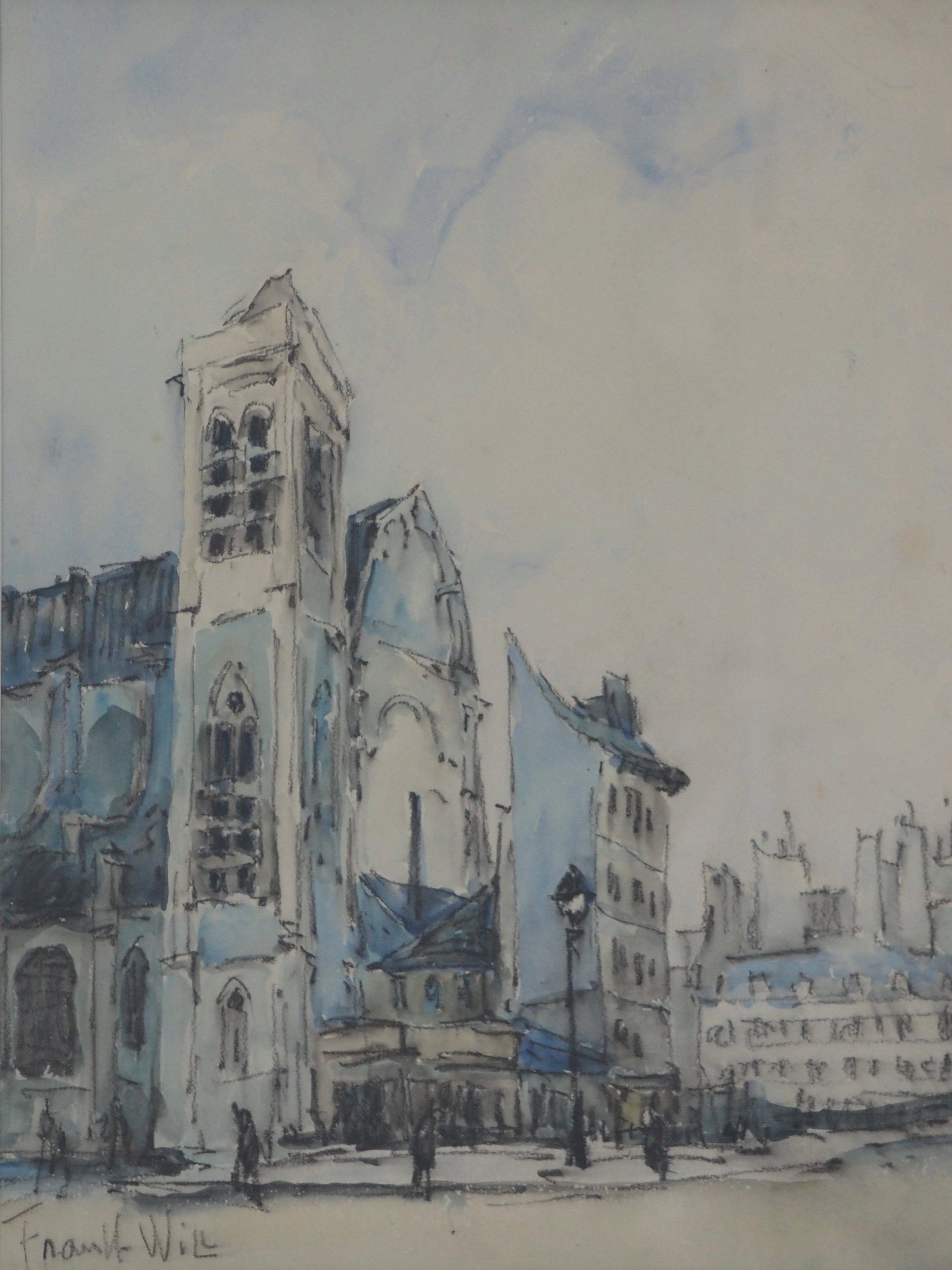 Old Church in Paris - Original Watercolor, Signed - Modern Art by Frank Will