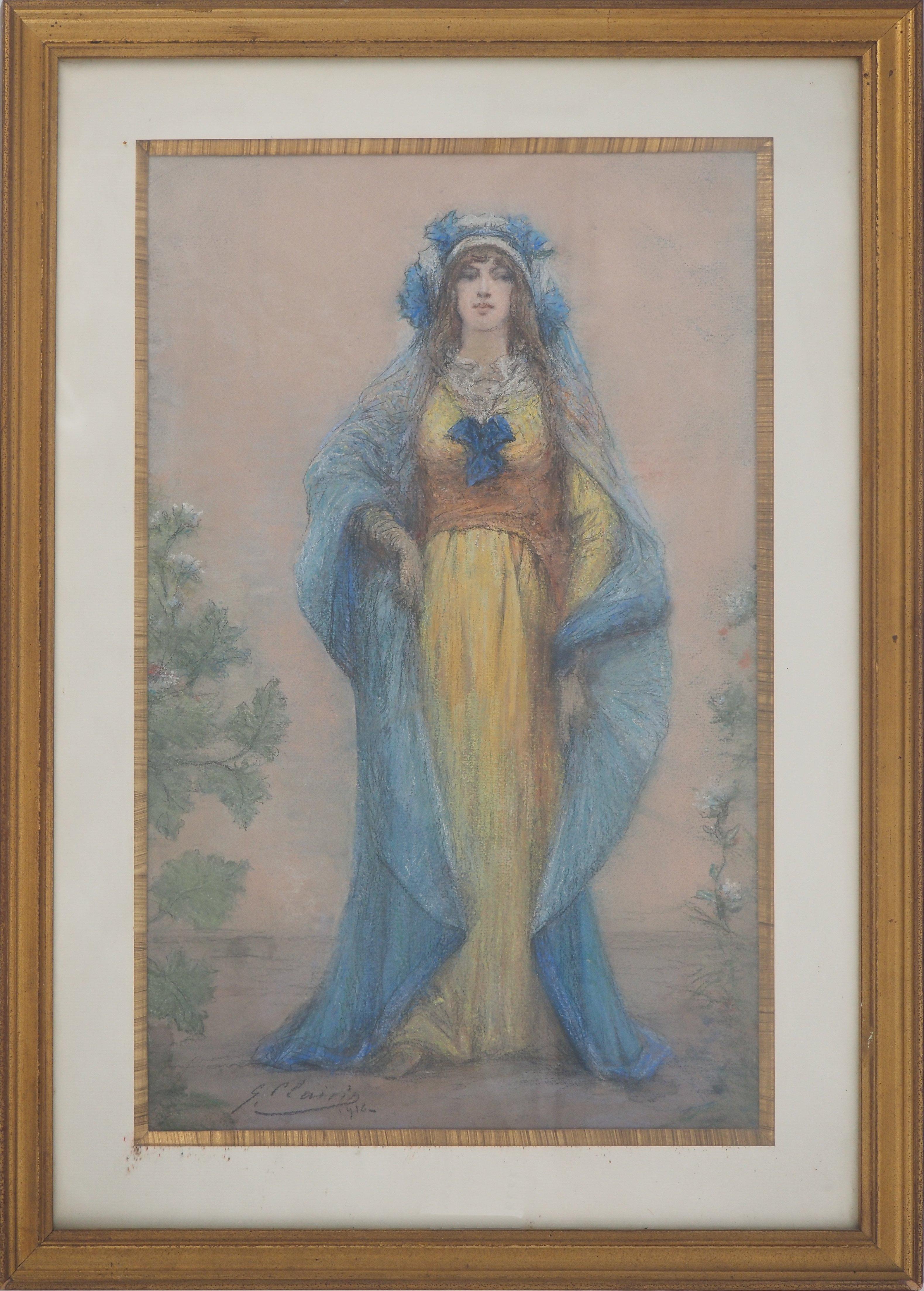 Georges Jules Victor Clairin Portrait - Theater : Sarah Bernhardt in Blue - Original Charcoal Drawing, Handsigned