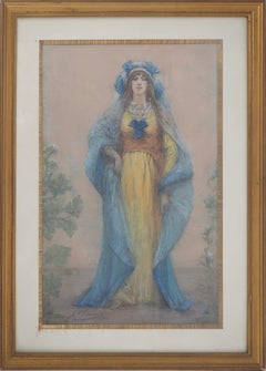 Theater : Sarah Bernhardt in Blue - Original Charcoal Drawing, Handsigned