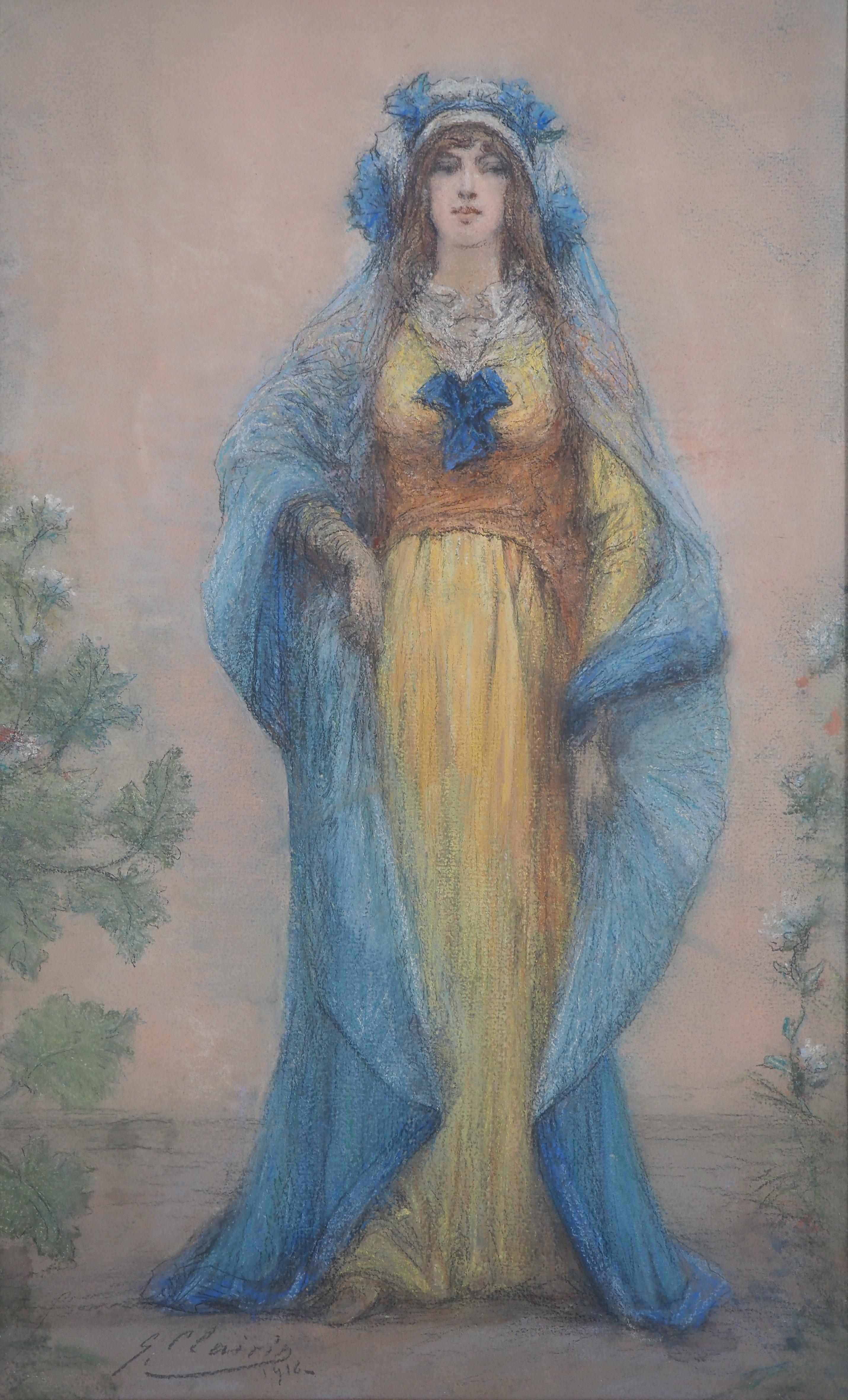 théâtre : Sarah Bernhardt en bleu - dessin original au fusain, signé à la main - Art de Georges Jules Victor Clairin