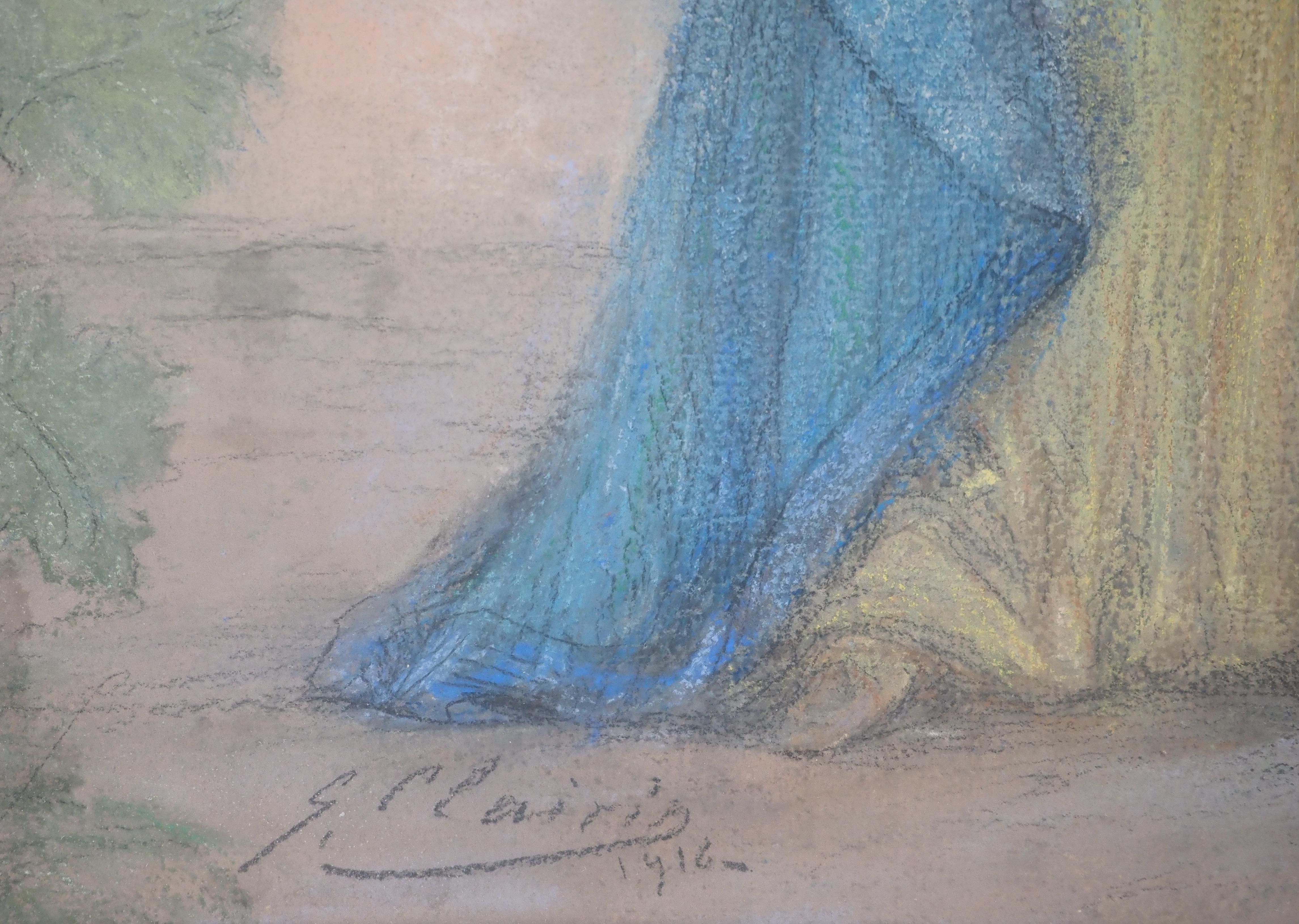 théâtre : Sarah Bernhardt en bleu - dessin original au fusain, signé à la main en vente 2