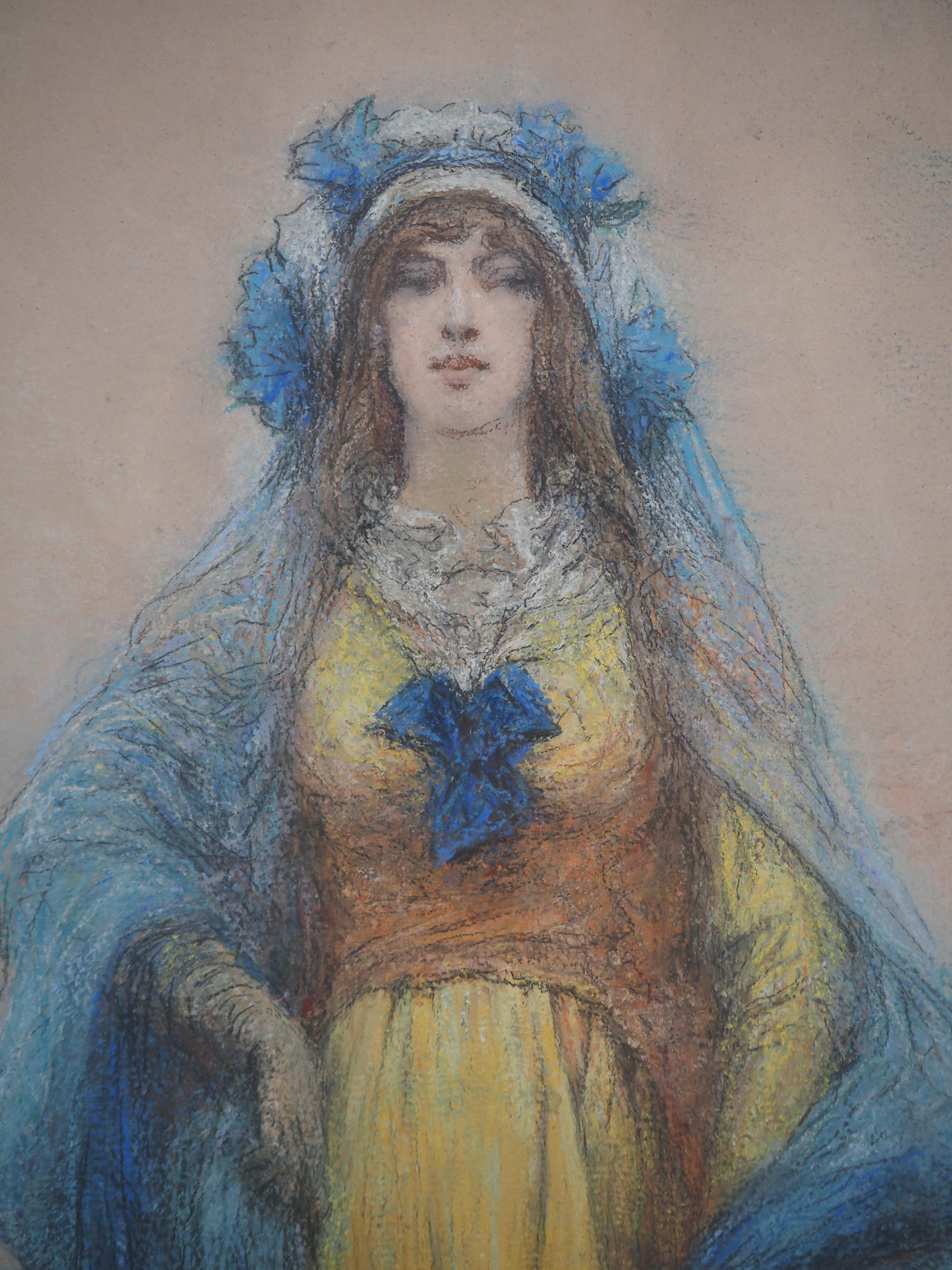 théâtre : Sarah Bernhardt en bleu - dessin original au fusain, signé à la main - Gris Portrait par Georges Jules Victor Clairin