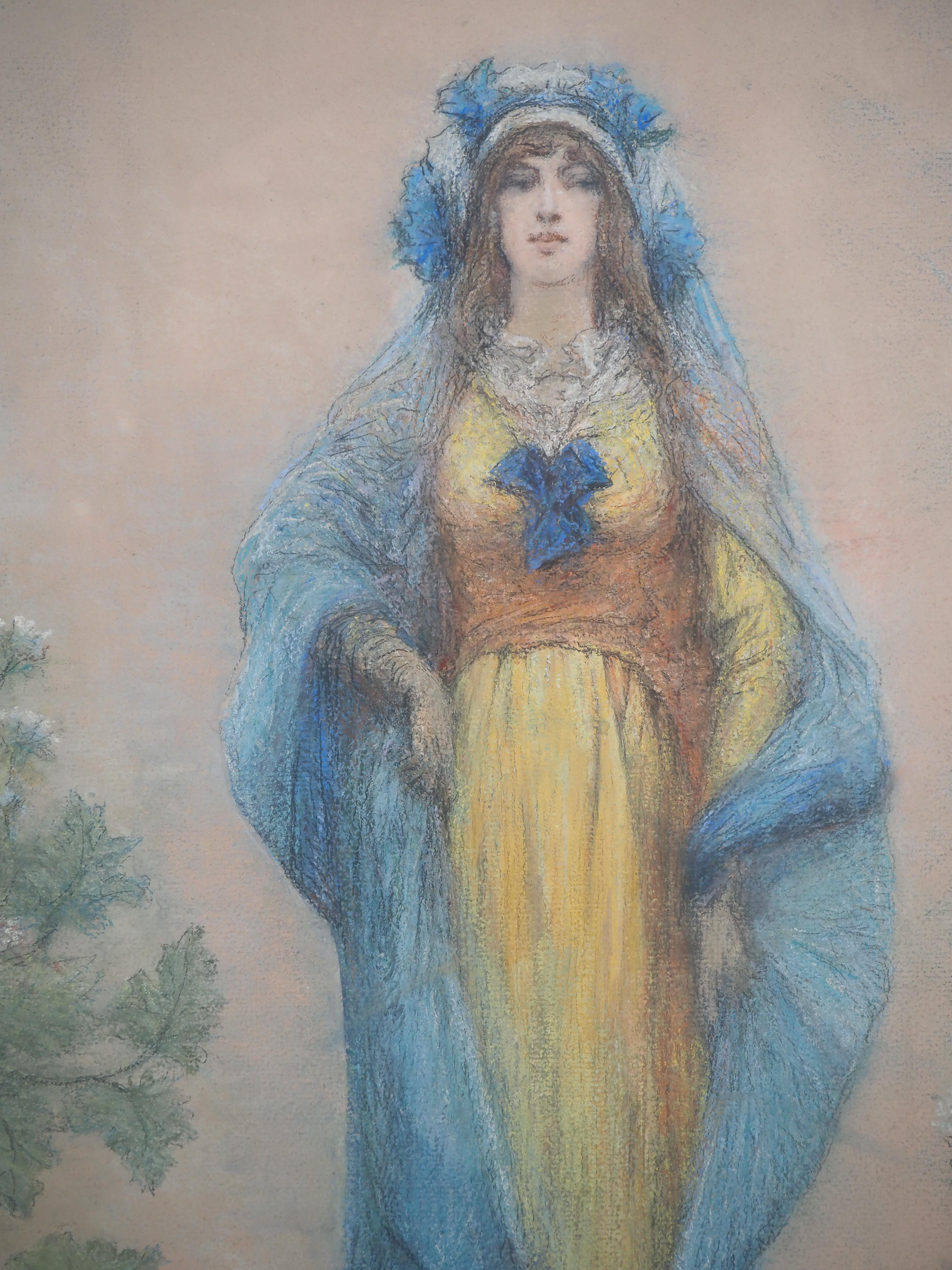 théâtre : Sarah Bernhardt en bleu - dessin original au fusain, signé à la main - Art déco Art par Georges Jules Victor Clairin