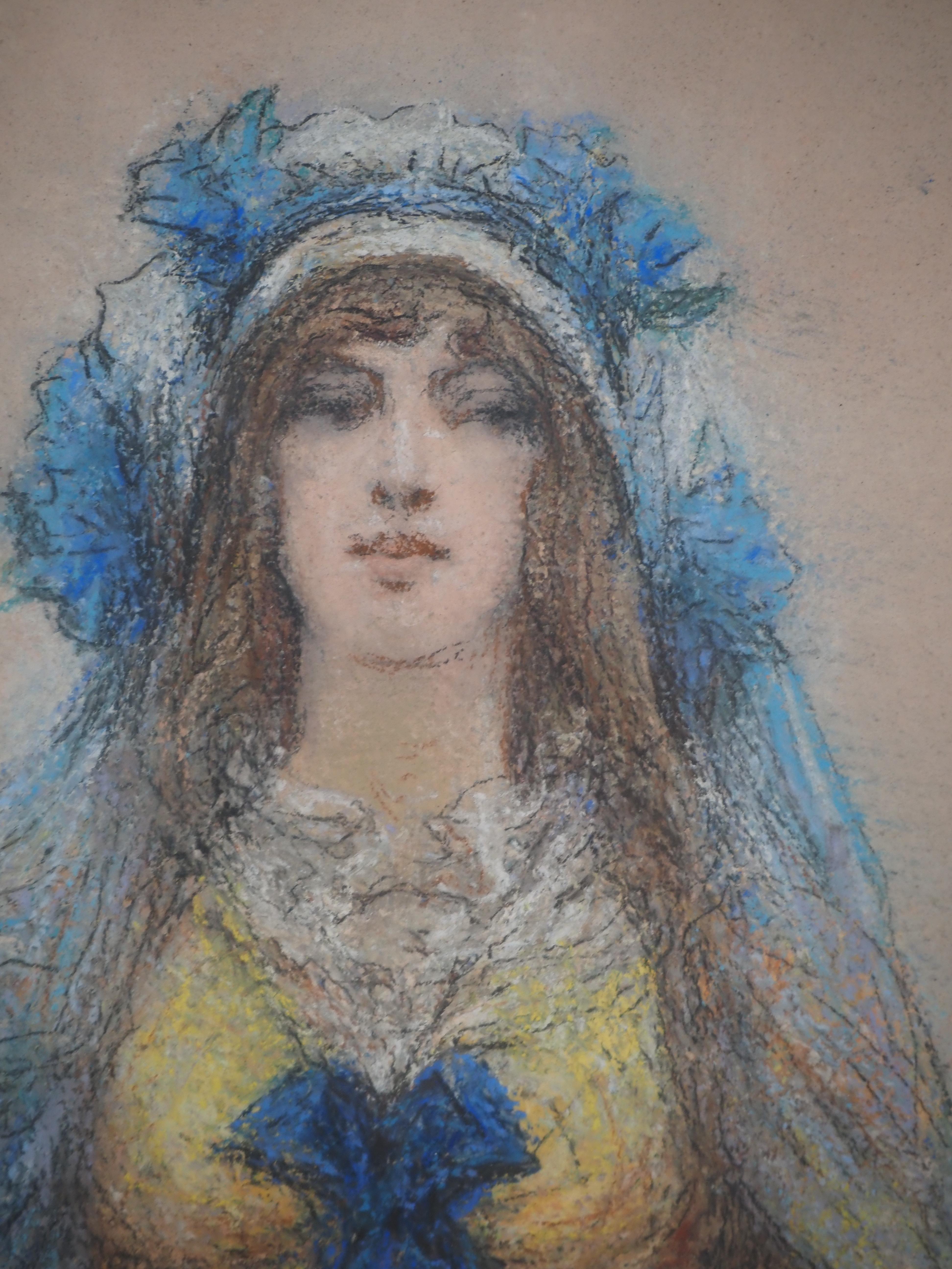 théâtre : Sarah Bernhardt en bleu - dessin original au fusain, signé à la main en vente 4