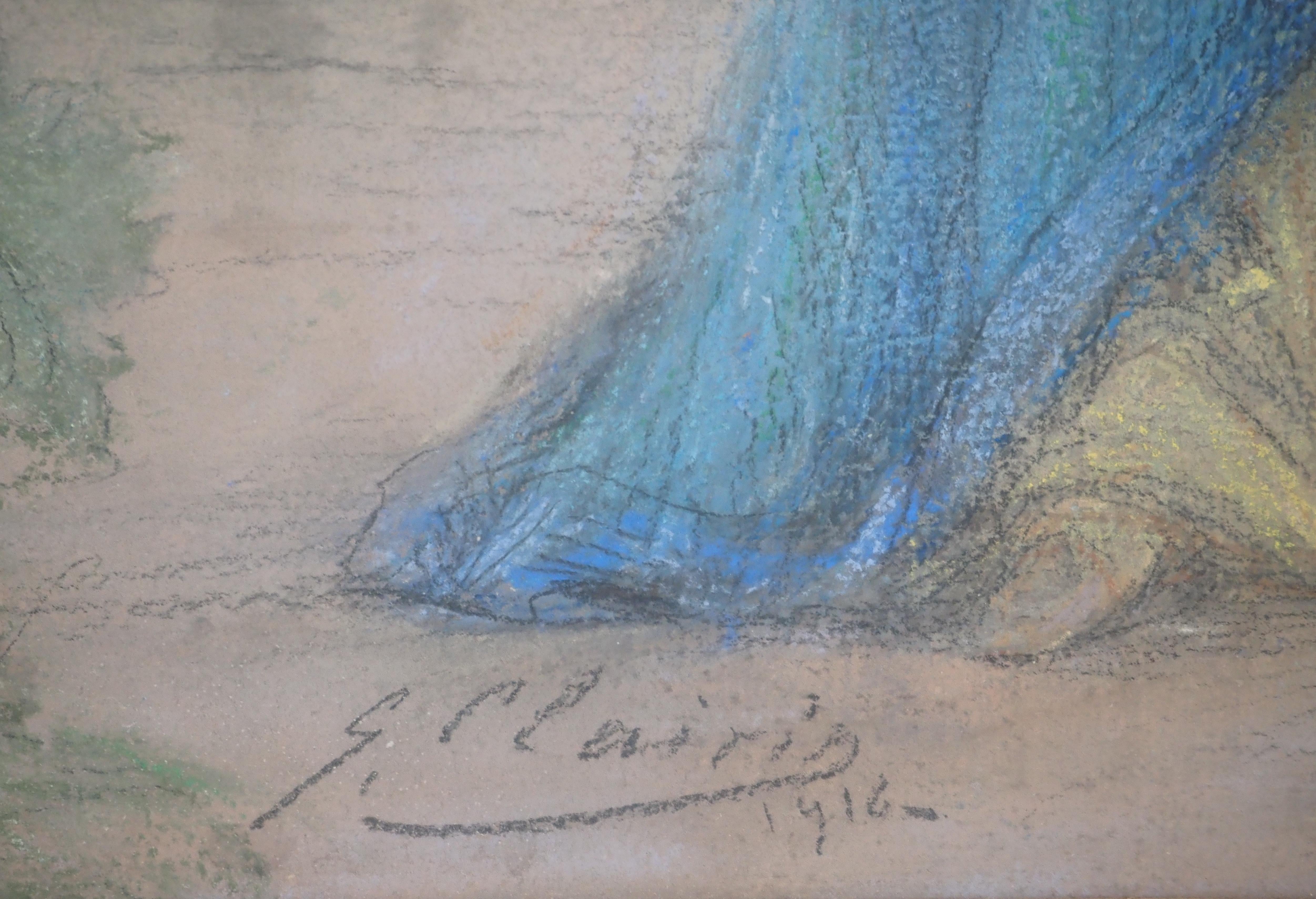 théâtre : Sarah Bernhardt en bleu - dessin original au fusain, signé à la main en vente 3