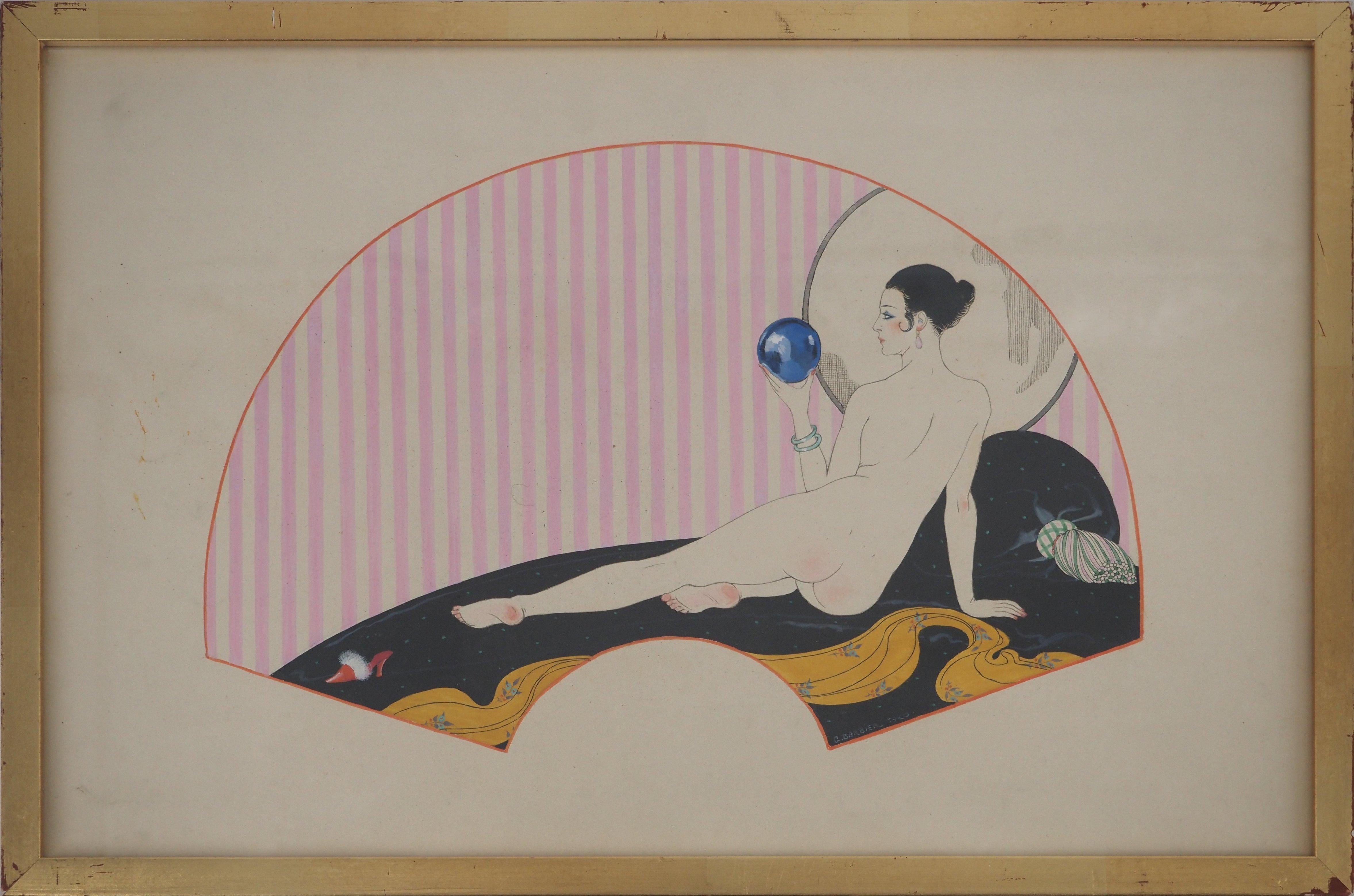Georges BARBIER
Art Nouveau : Nu avec boule de cristal 

Peinture originale à l'encre de Chine, à l'aquarelle et à la gouache
Signé en bas au milieu
Sur papier 32 x 50 cm (c. 13 x 20 in)
Présentée dans un cadre en bois doré 35 x 53 cm ( c. 14 x 21