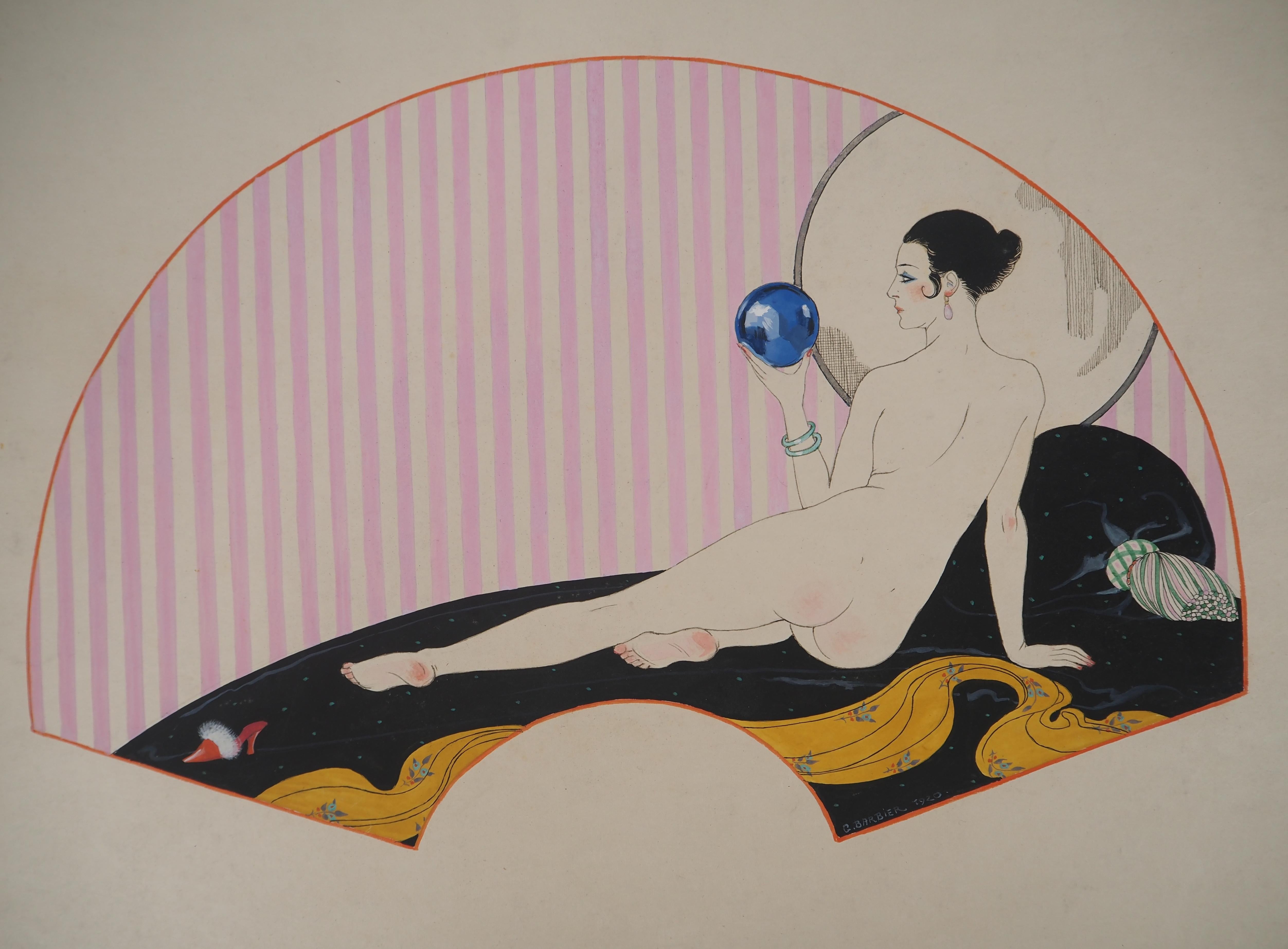 Georges BARBIER
Art Nouveau : Akt mit Kristallkugel 

Original Tusche, Aquarell und Gouache-Gemälde
Unterzeichnet unten in der Mitte
Auf Papier 32 x 50 cm (ca. 13 x 20 Zoll)
Präsentiert in goldenem Holzrahmen 35 x 53 cm (ca. 14 x 21