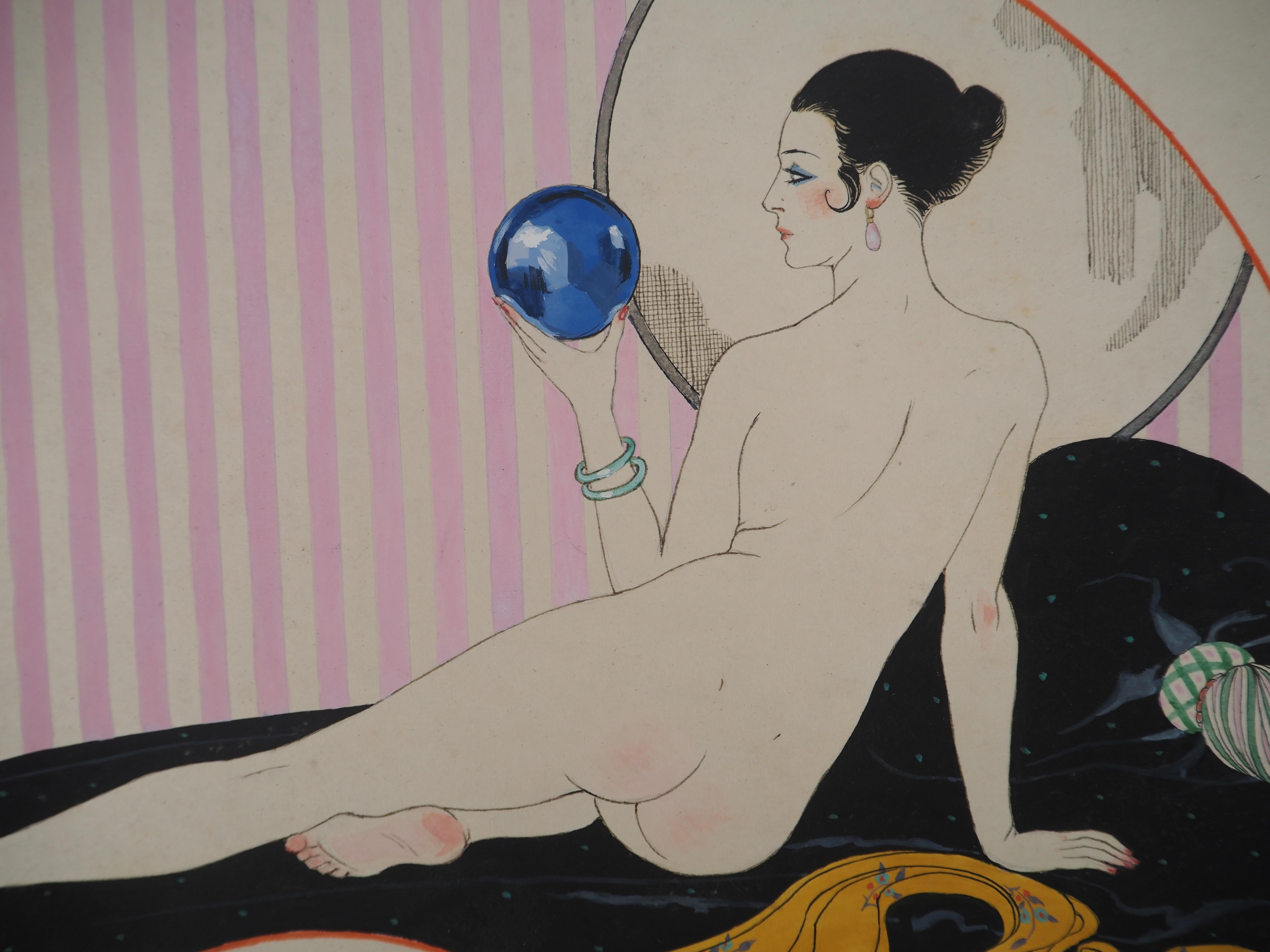 Jugendstil: Akt mit Kristallkugel – Original-Aquarell und Gouache, signiert im Angebot 2