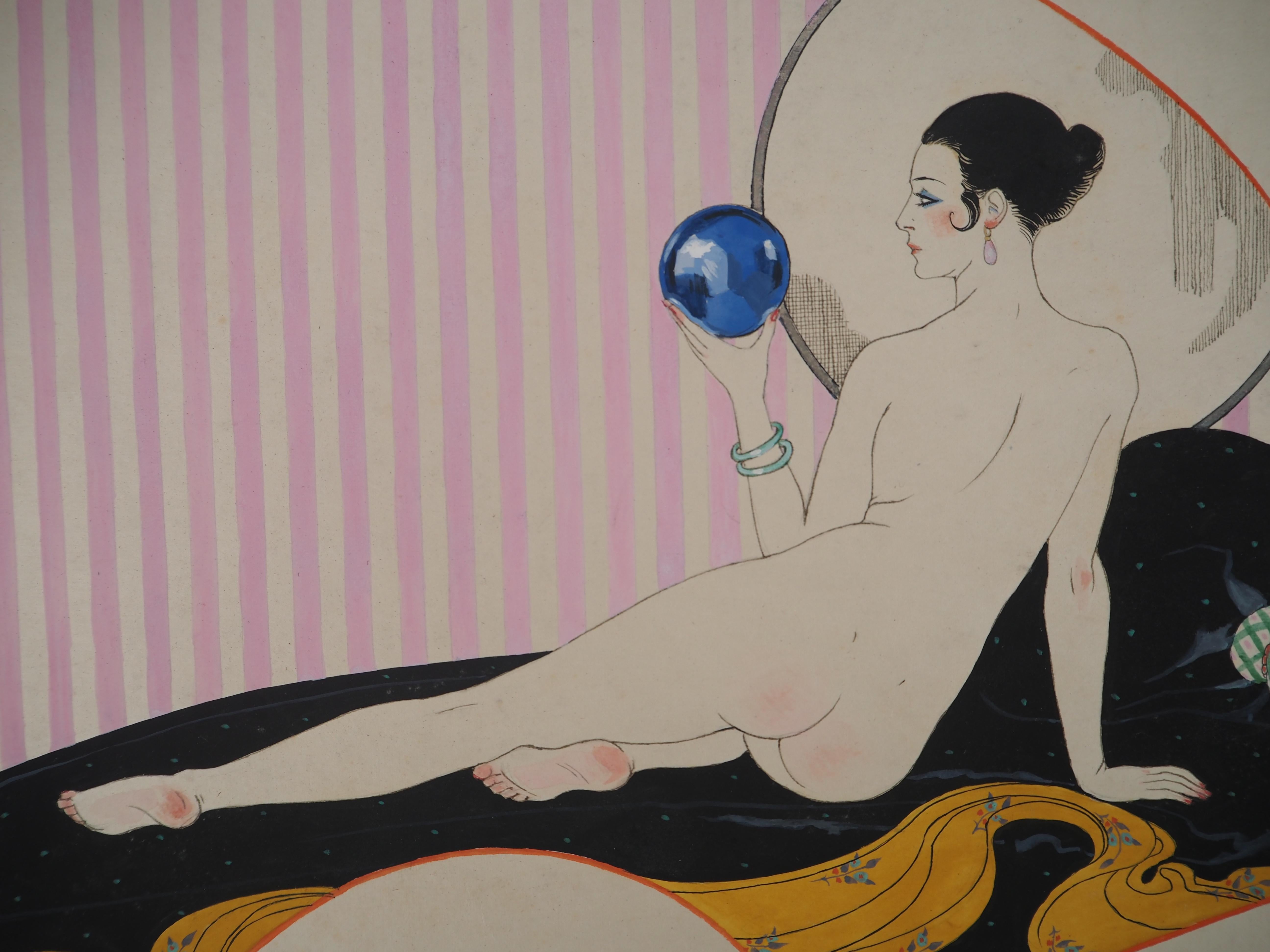 Art Nouveau : Nude with Crystal Ball - Original Watercolor and Gouache, Signed For Sale 5