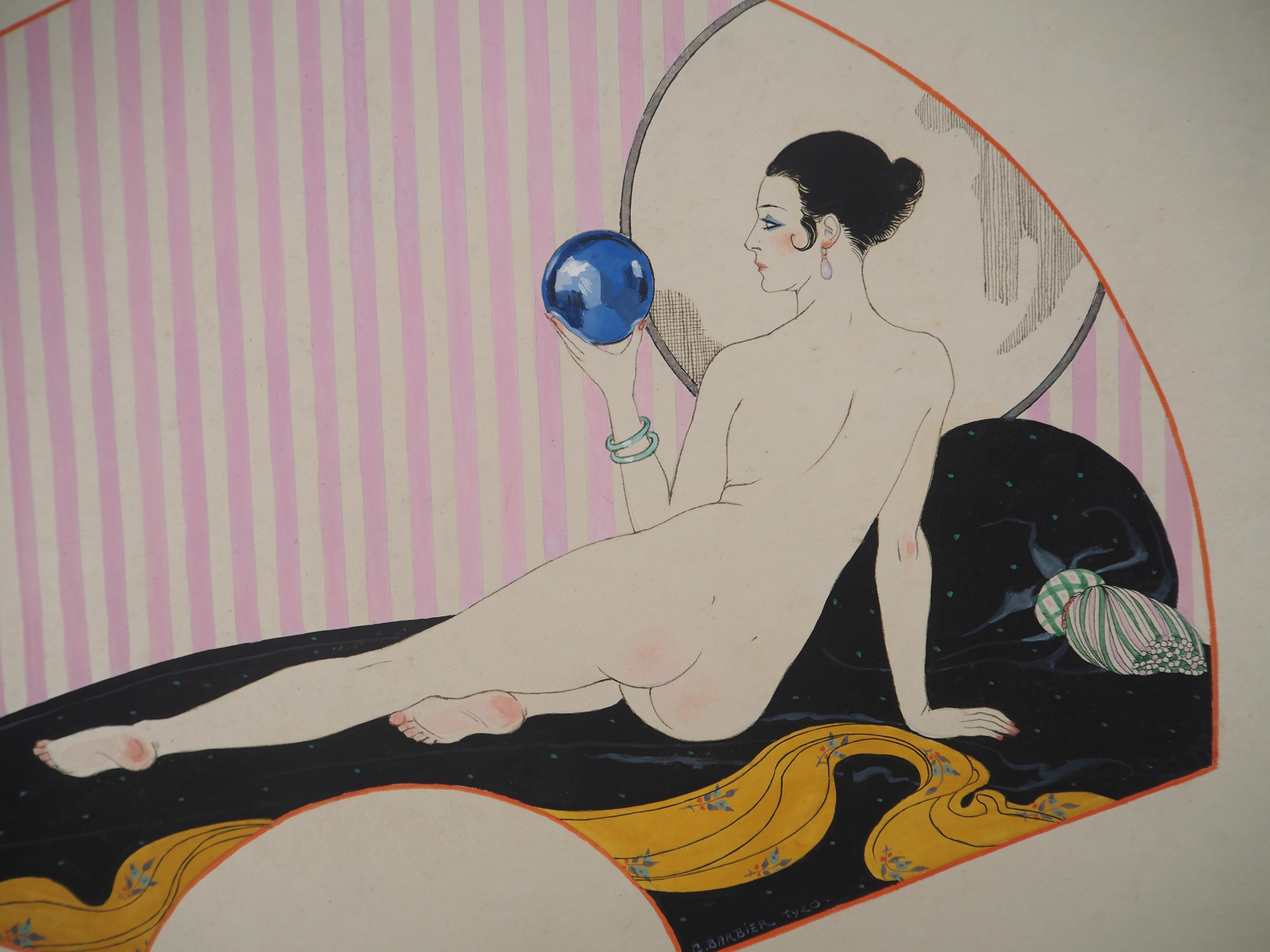 Art Nouveau : Nude with Crystal Ball - Original Watercolor and Gouache, Signed For Sale 4