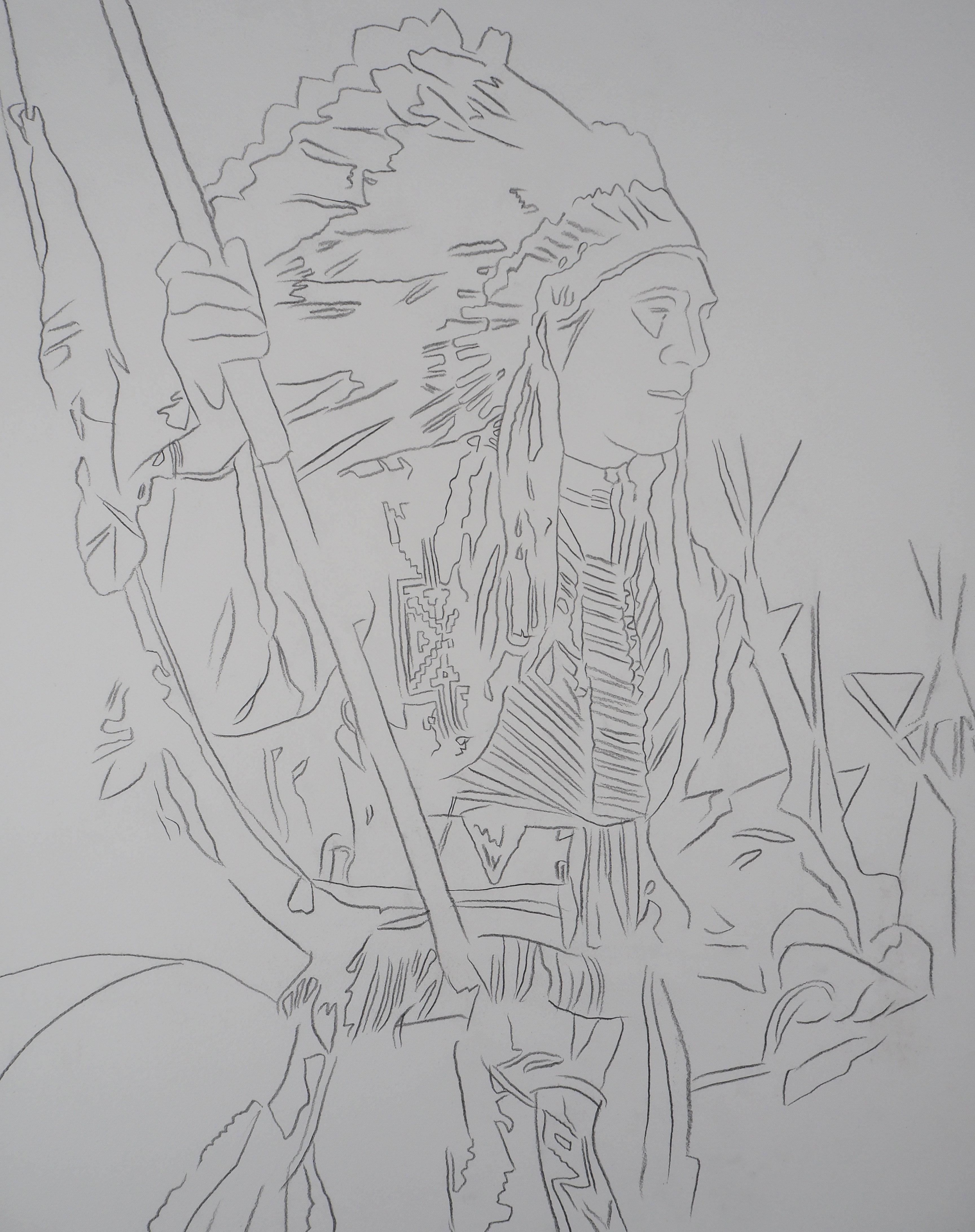 Indiano: War Bonnet - Disegno originale a matita (Fondazione Warhol #73.001) - Figurative Art Grigio di Andy Warhol