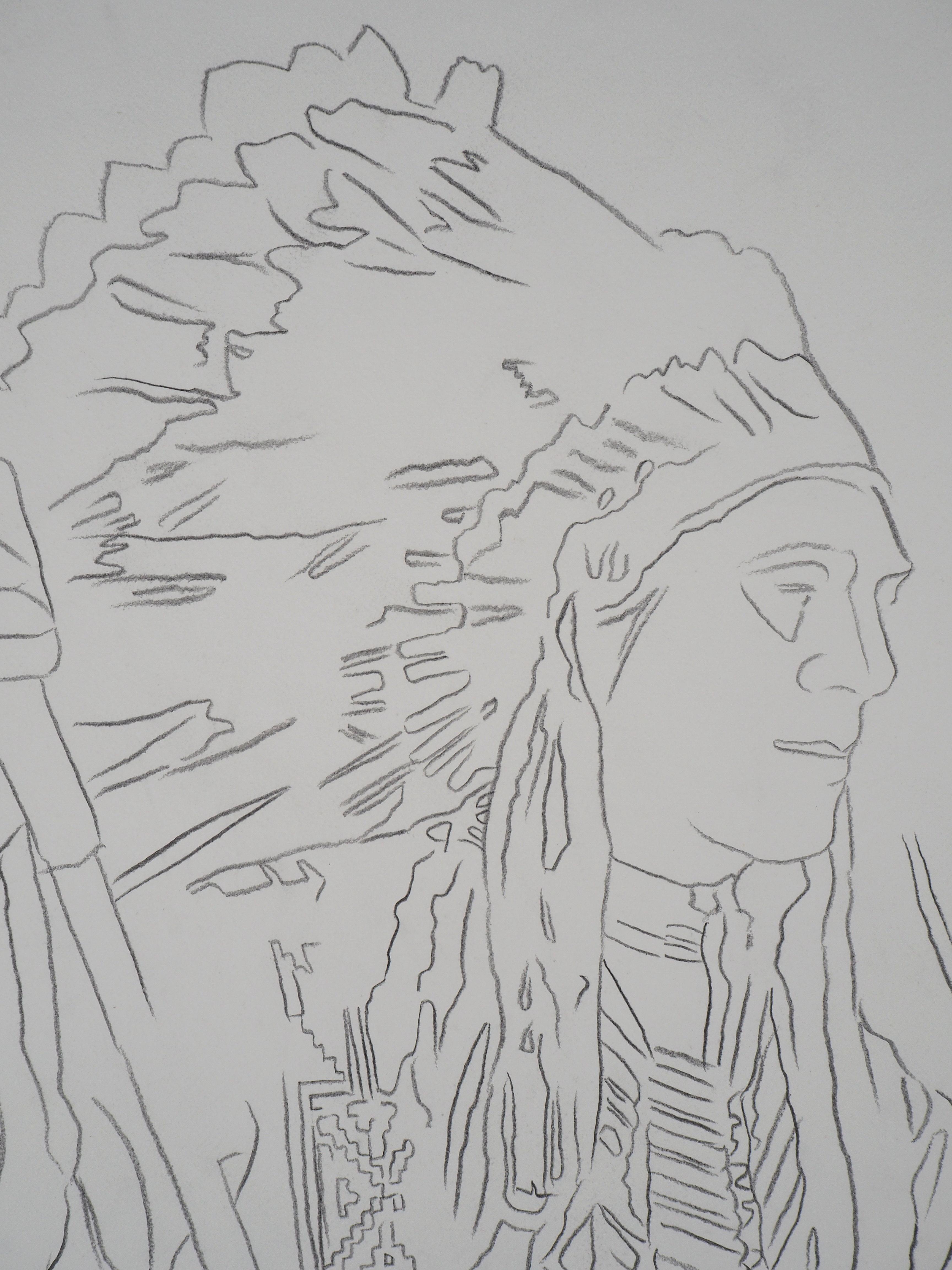 Indian : War Bonnet - Original pencil drawing (Warhol Foundation #73.001) - Gray Figurative Art by Andy Warhol