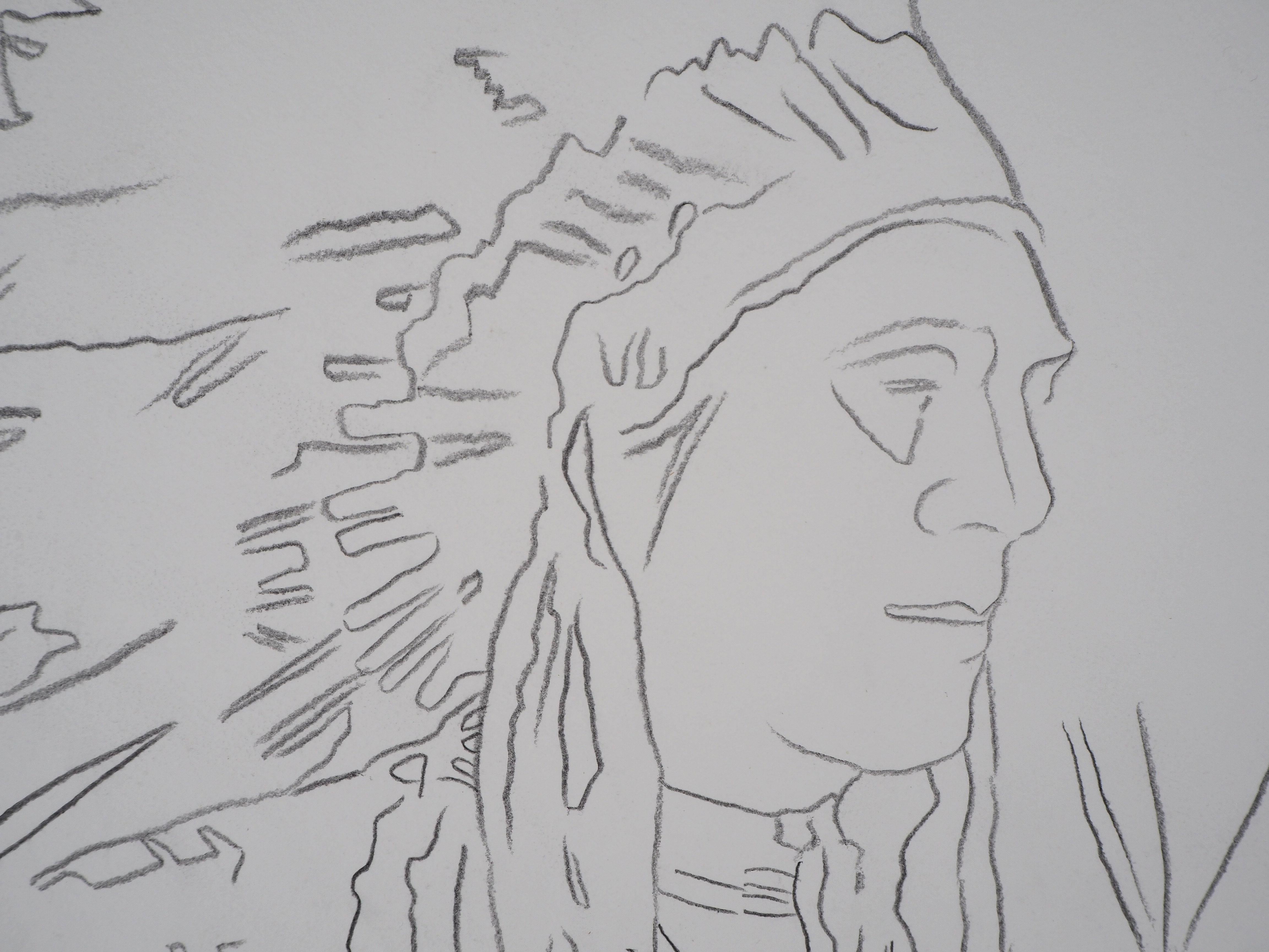 Andy Warhol (1928-1987)
Indian : War Bonnet, c. 1986

Original pencil drawing
On vellum 101.5 x 77.5 cm (c. 39.9 x 30.3 in)
On the back of the drawing figures the stamp of the WARHOL FOUNDATION FOR THE VISUAL ARTS with the number of the inventory