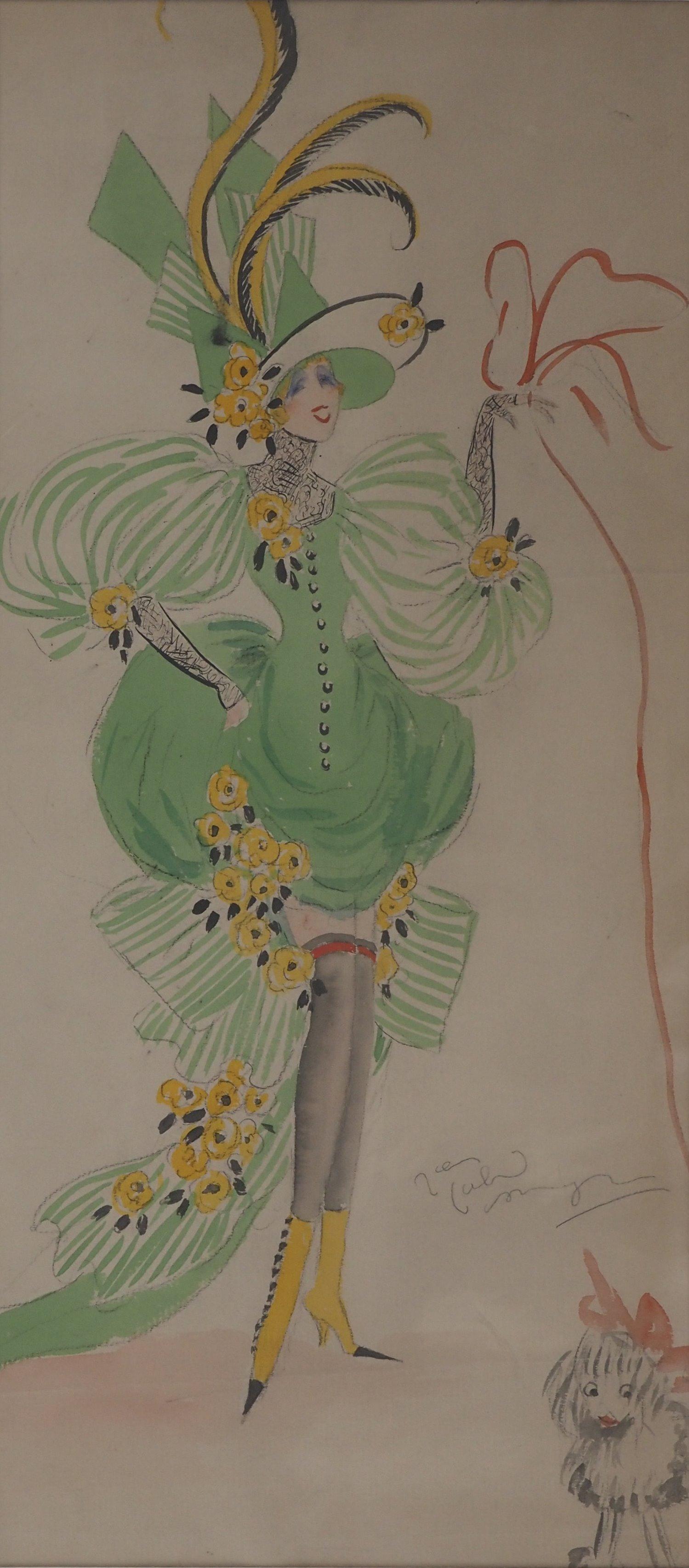 Costume de théâtre : Allégorie du printemps et du petit chien - Aquarelle, signée à la main - Art de Jean-Gabriel Domergue