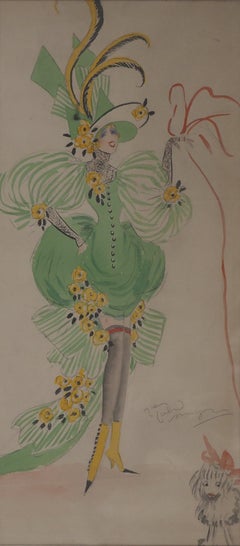 Theater Costume : Allegory of Spring and Little Dog - Watercolor, handsigned