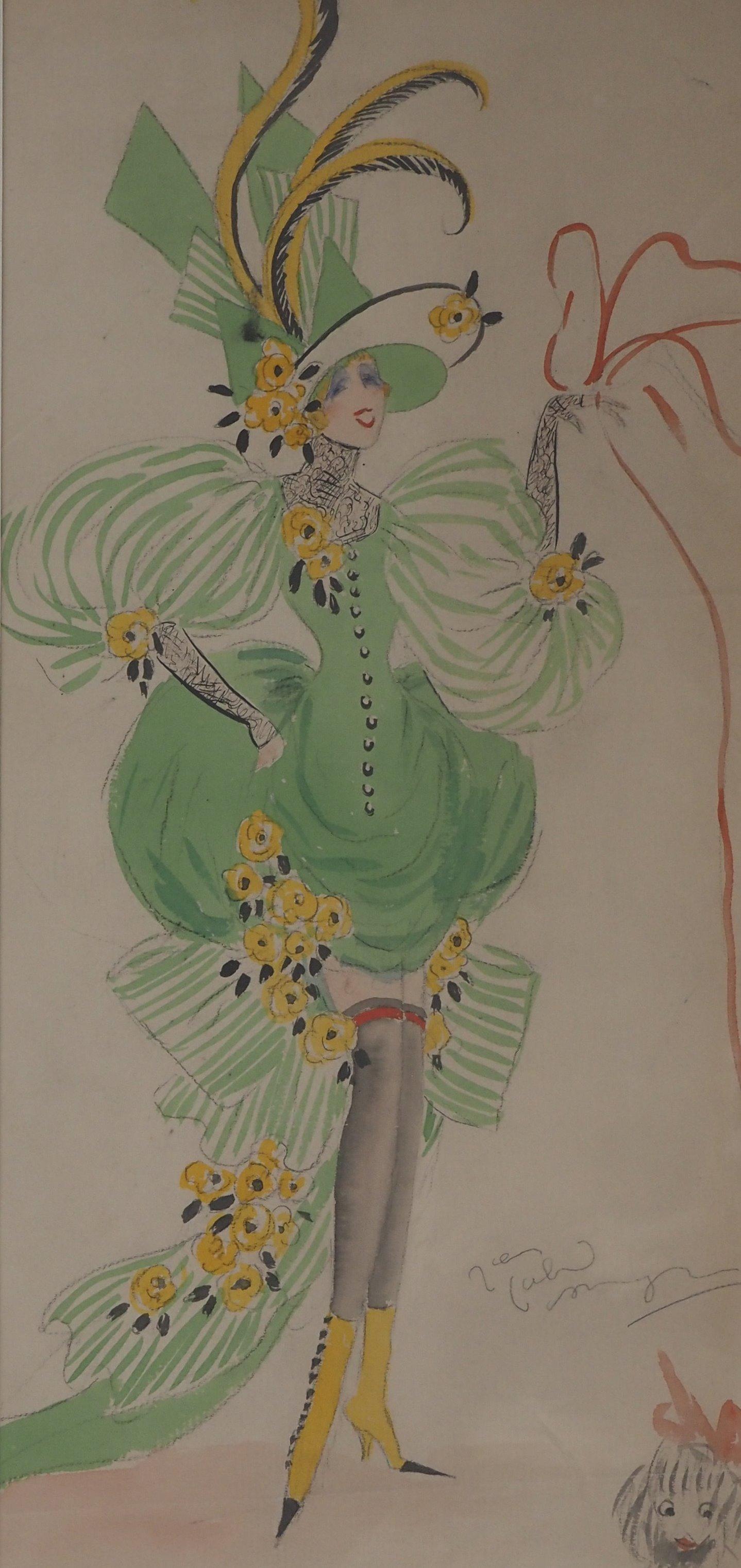 Theater Costume : Allegory of Spring and Little Dog - Watercolor, handsigned - Modern Art by Jean-Gabriel Domergue