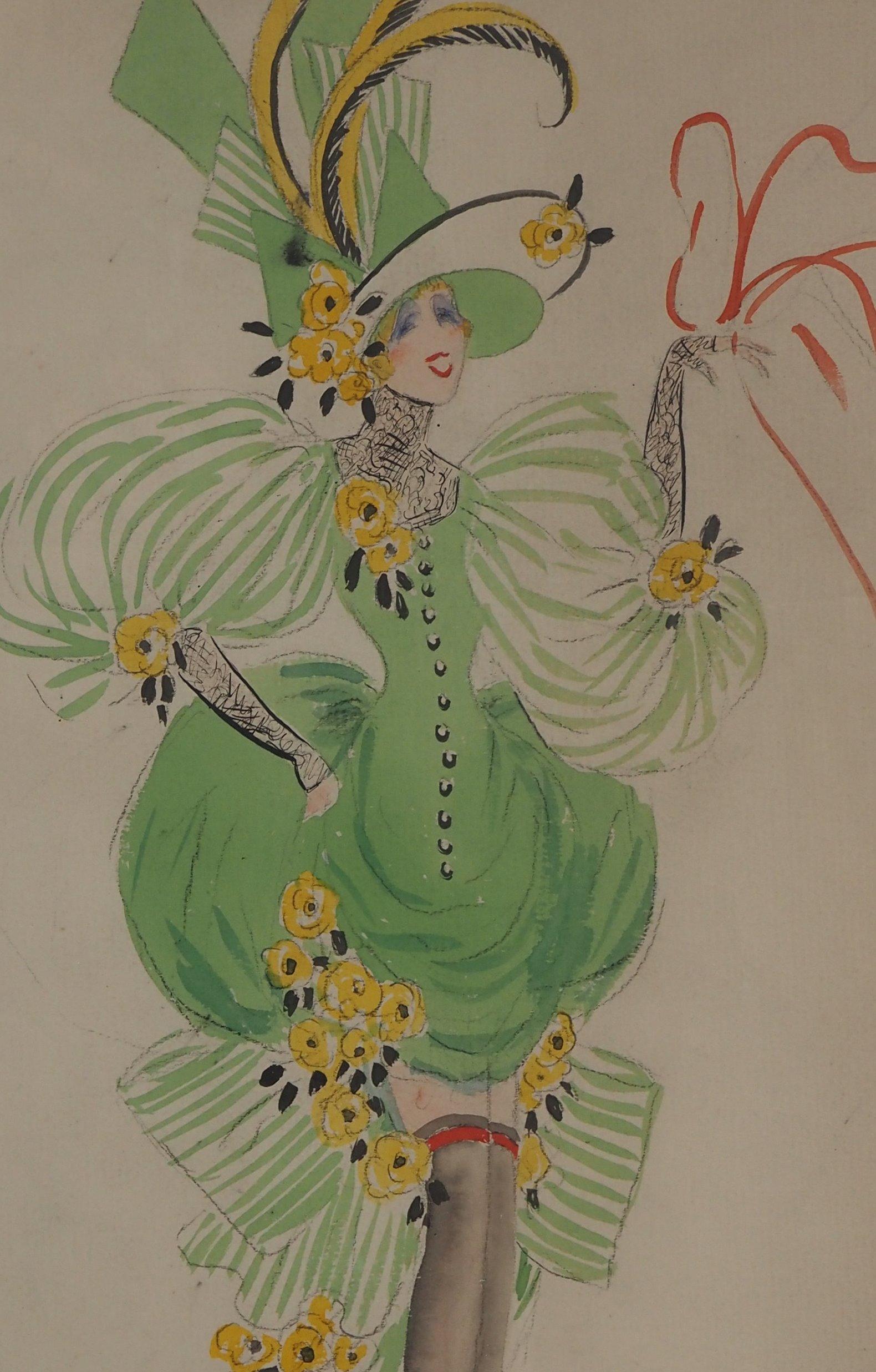 Jean Gabriel DOMERGUE (1889-1962)
Costume de théâtre : Allégorie du printemps et Petit chien 

Dessin original à l'encre et à l'aquarelle
Signature en bas à droite
Sur papier 32×25 cm à vue (c. 13 x 10in)
Présentée dans un cadre en bois doré 43 x 28