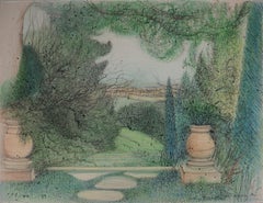 Garten mit Blick auf das Dorf – Original-Tinte- und Kohlezeichnung, handsigniert