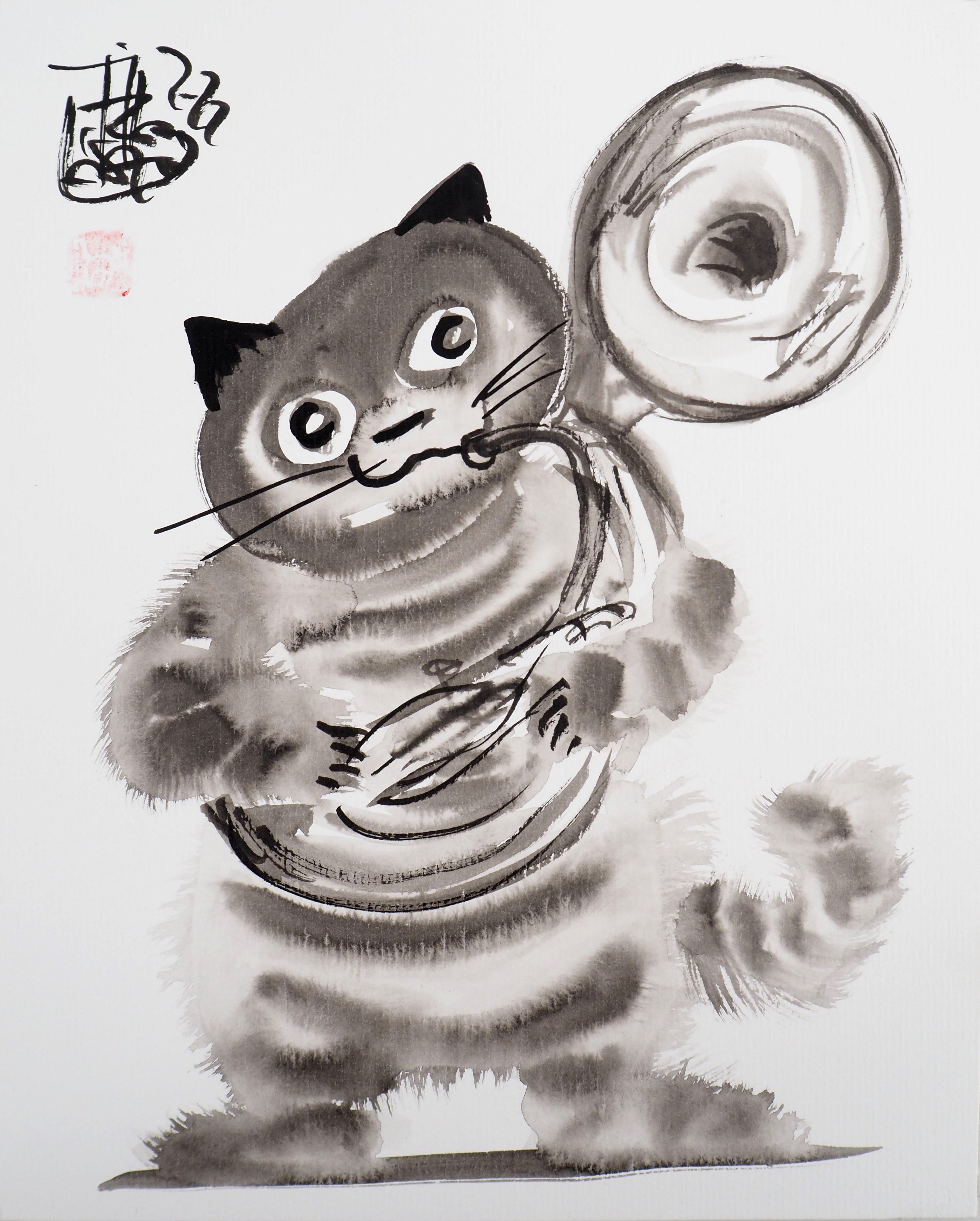 Animal Art Laszlo Tibay - The Musician : Funny Grey Cat - Drawing original à l'encre signé à la main 