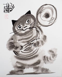 The Musician : Funny Grey Cat - Drawing original à l'encre signé à la main 