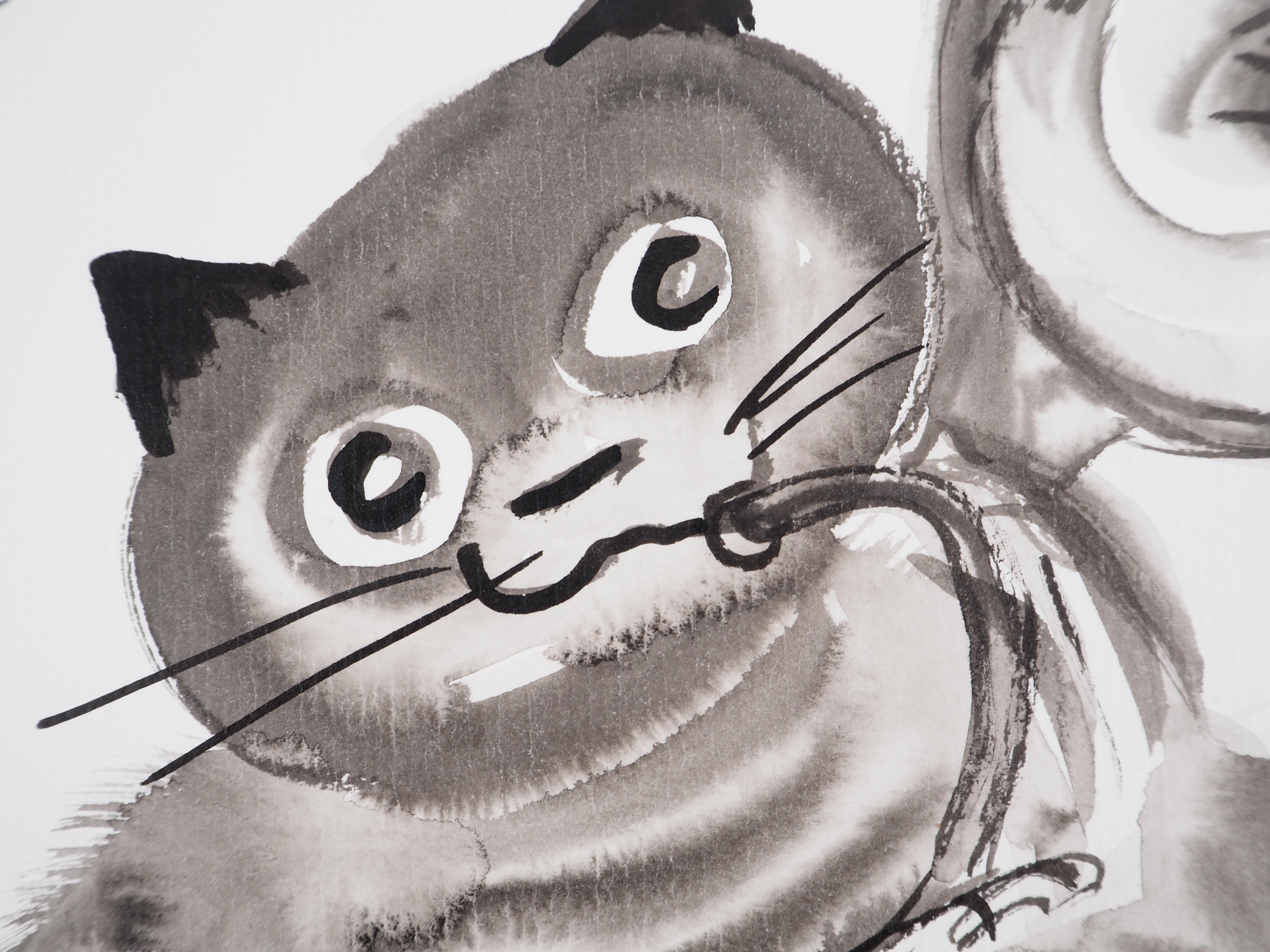The Musician : Funny Grey Cat - Drawing original à l'encre signé à la main  en vente 1