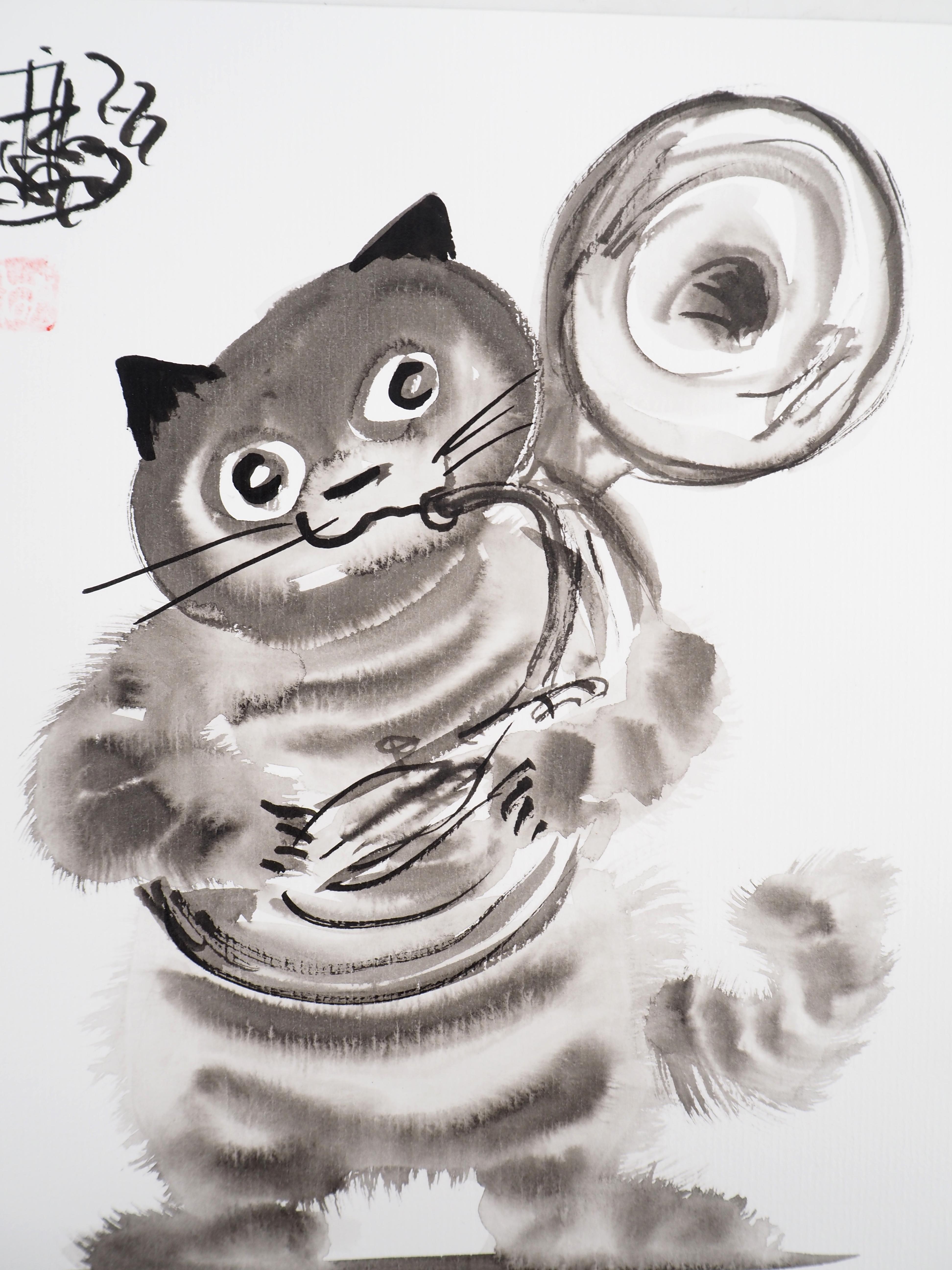 The Musician : Funny Grey Cat - Drawing original à l'encre signé à la main  - Art de Laszlo Tibay