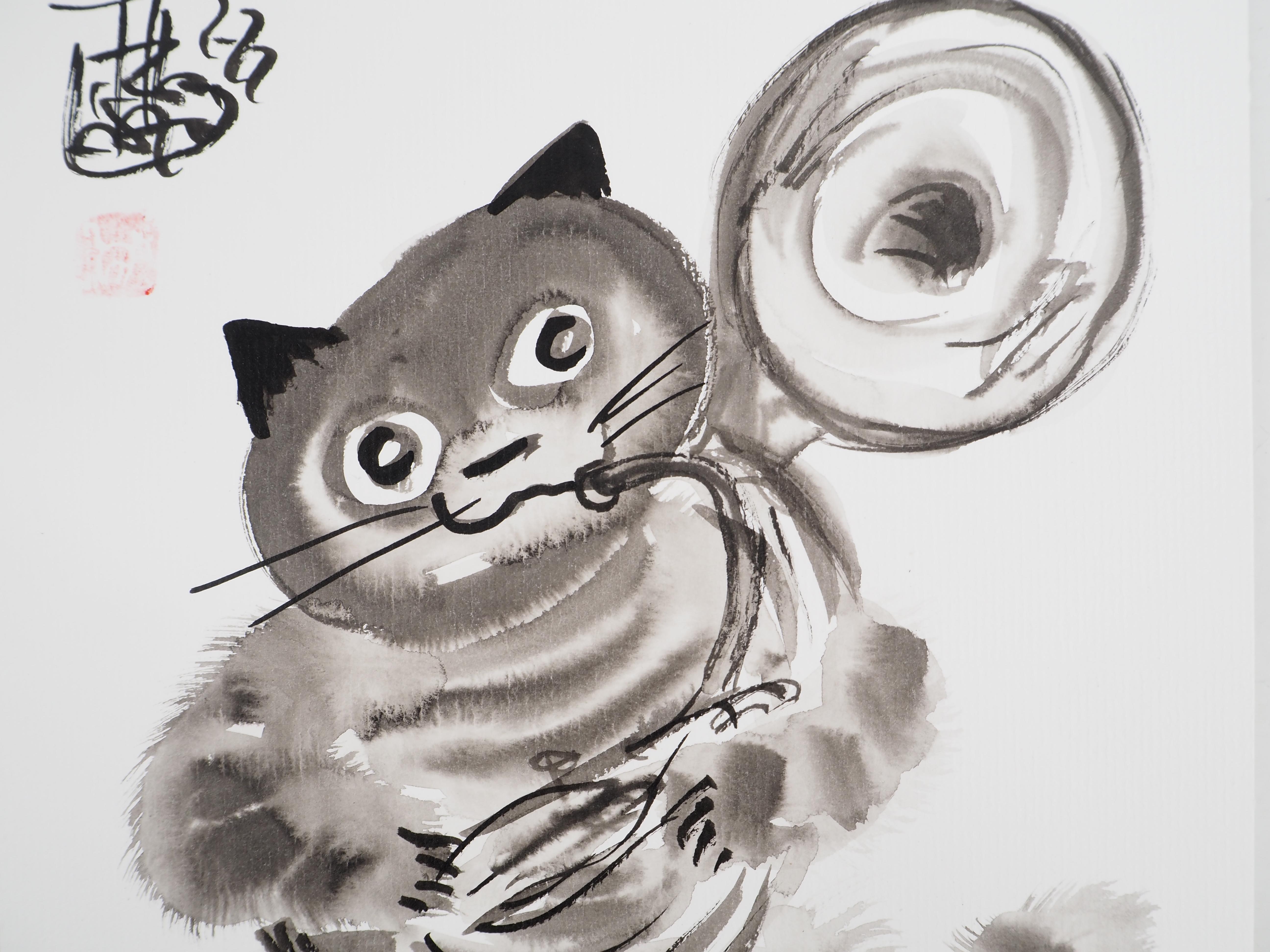 The Musician : Funny Grey Cat - Drawing original à l'encre signé à la main  - Moderne Art par Laszlo Tibay