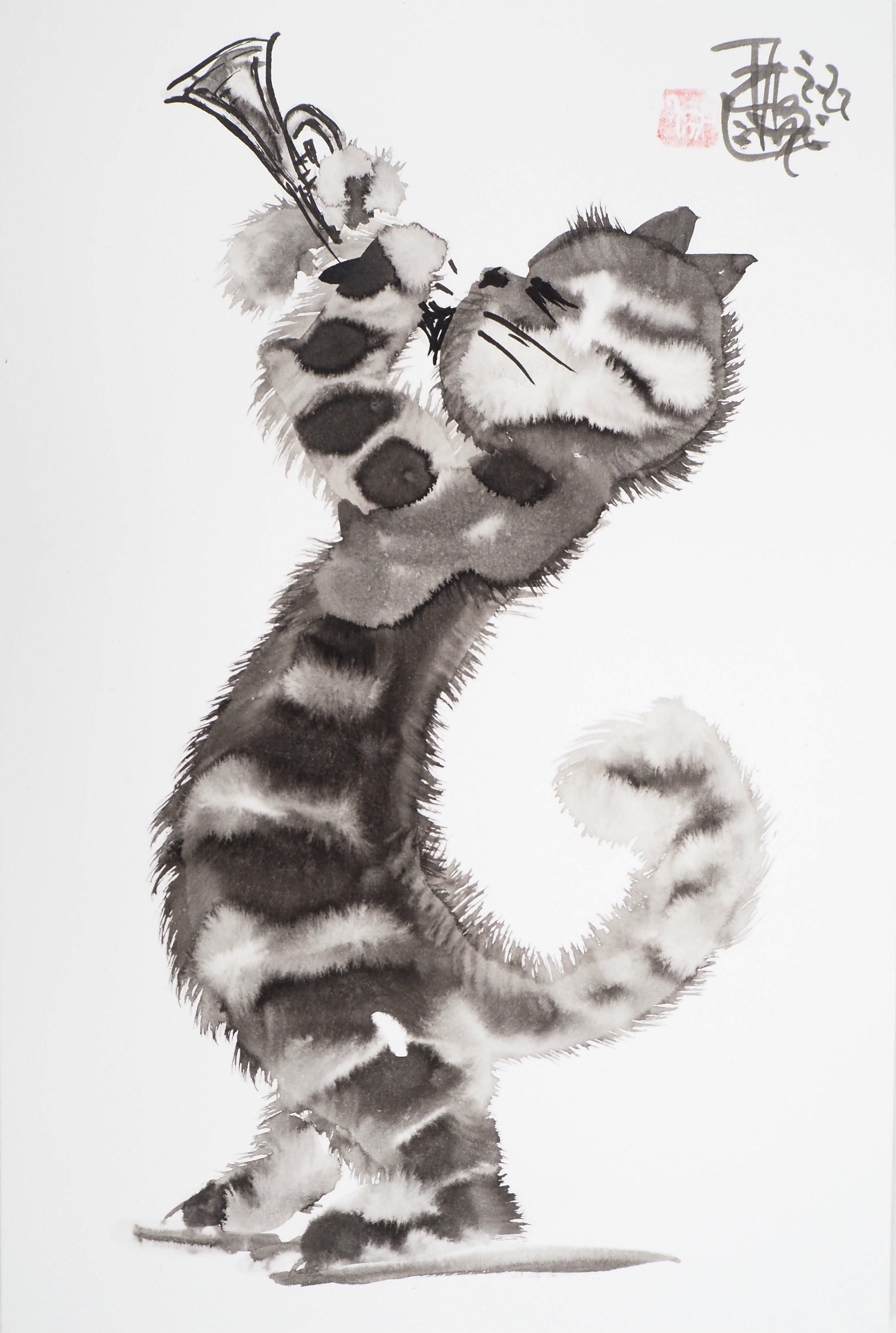 Laszlo Tibay Animal Art - Trumpet Cat - Handsigned Original Ink Drawing 