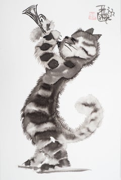 Trumpet Katzenkatze – handsignierte Original-Tintenzeichnung 