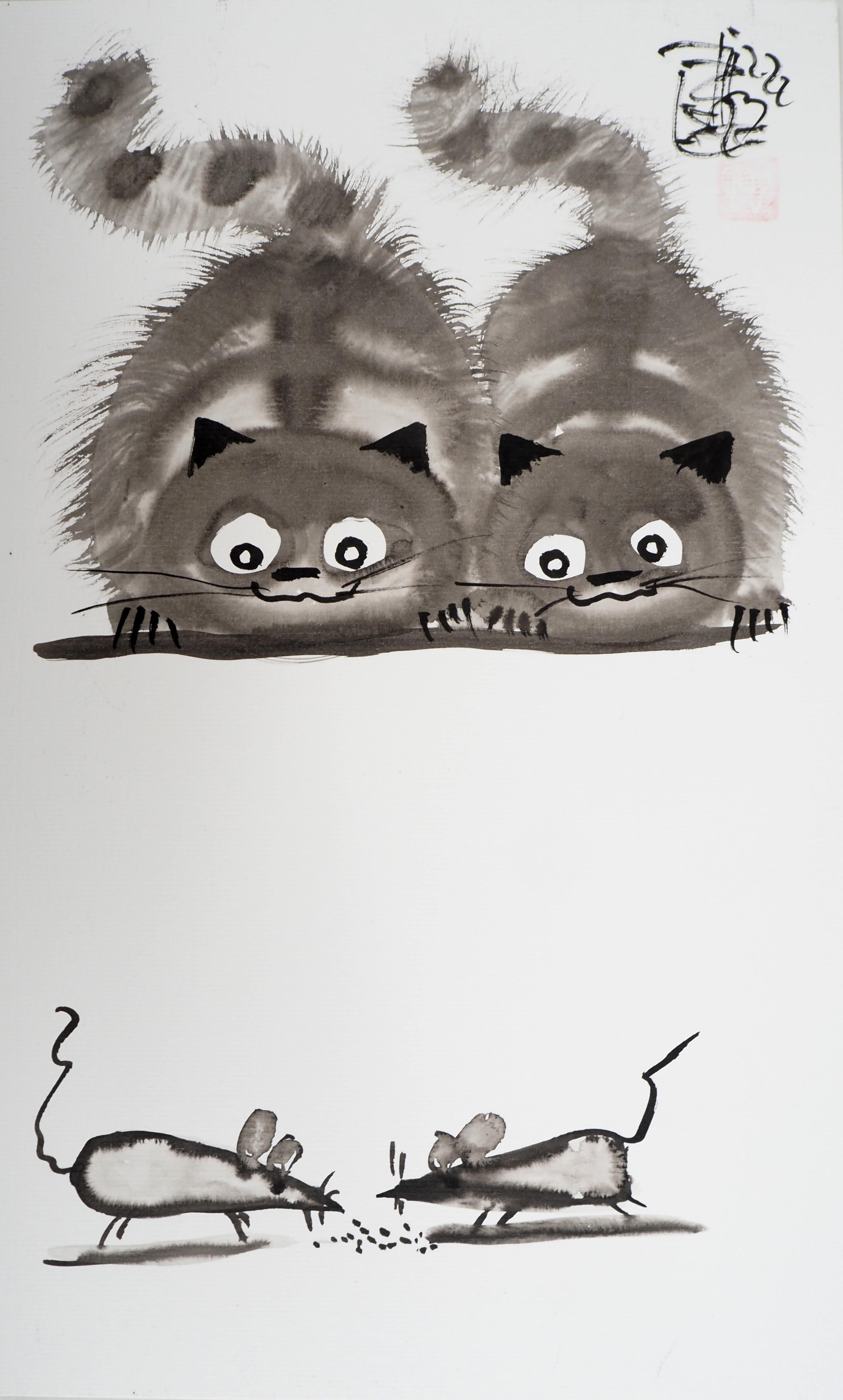 Laszlo Tibay Animal Art – Jäger und ihre Beute: Katzen und Mäuse - Handsignierte Original-Tuschezeichnung