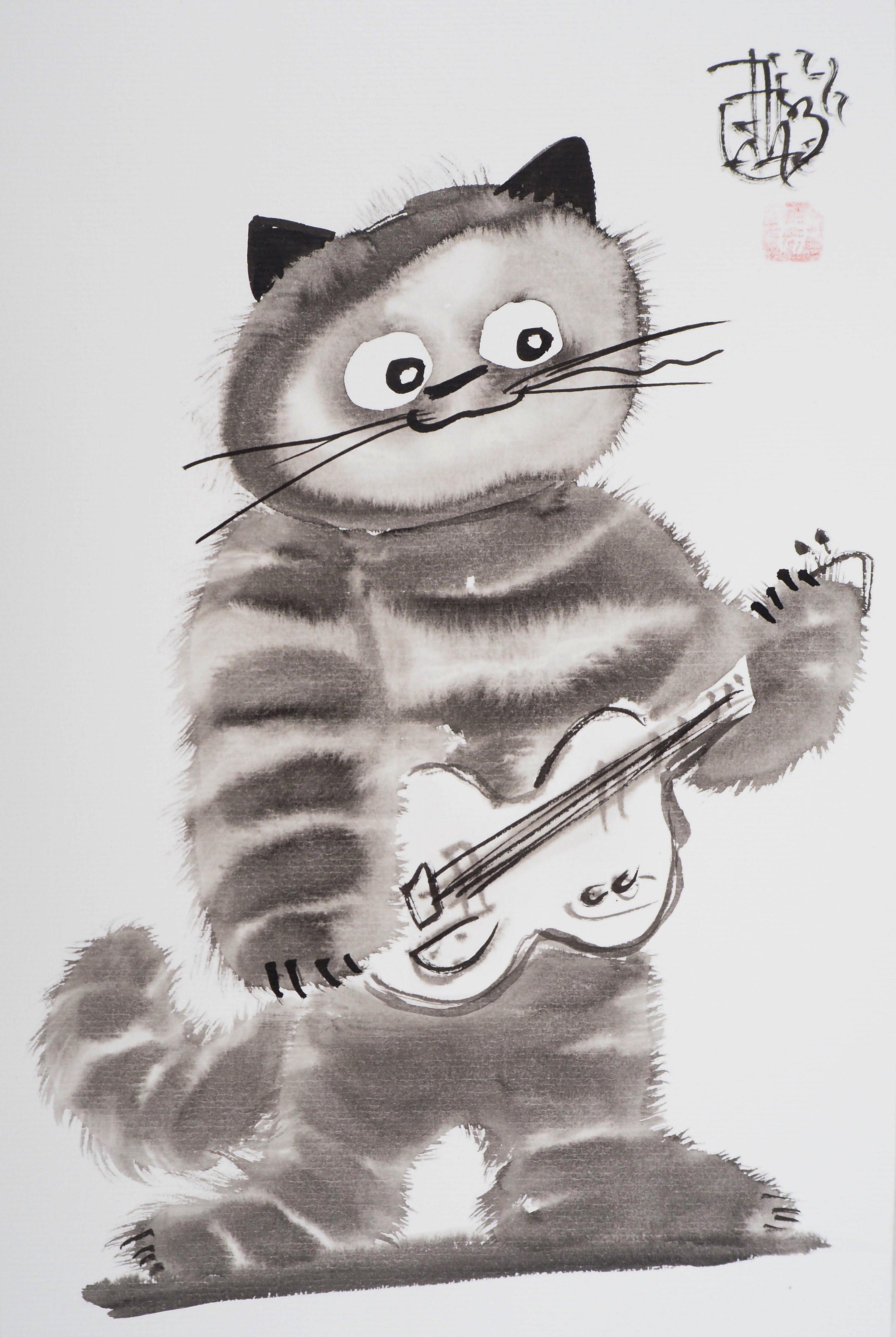 Cat guitariste - Dessin original à l'encre signé à la main 