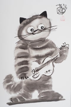 Cat guitariste - Dessin original à l'encre signé à la main 