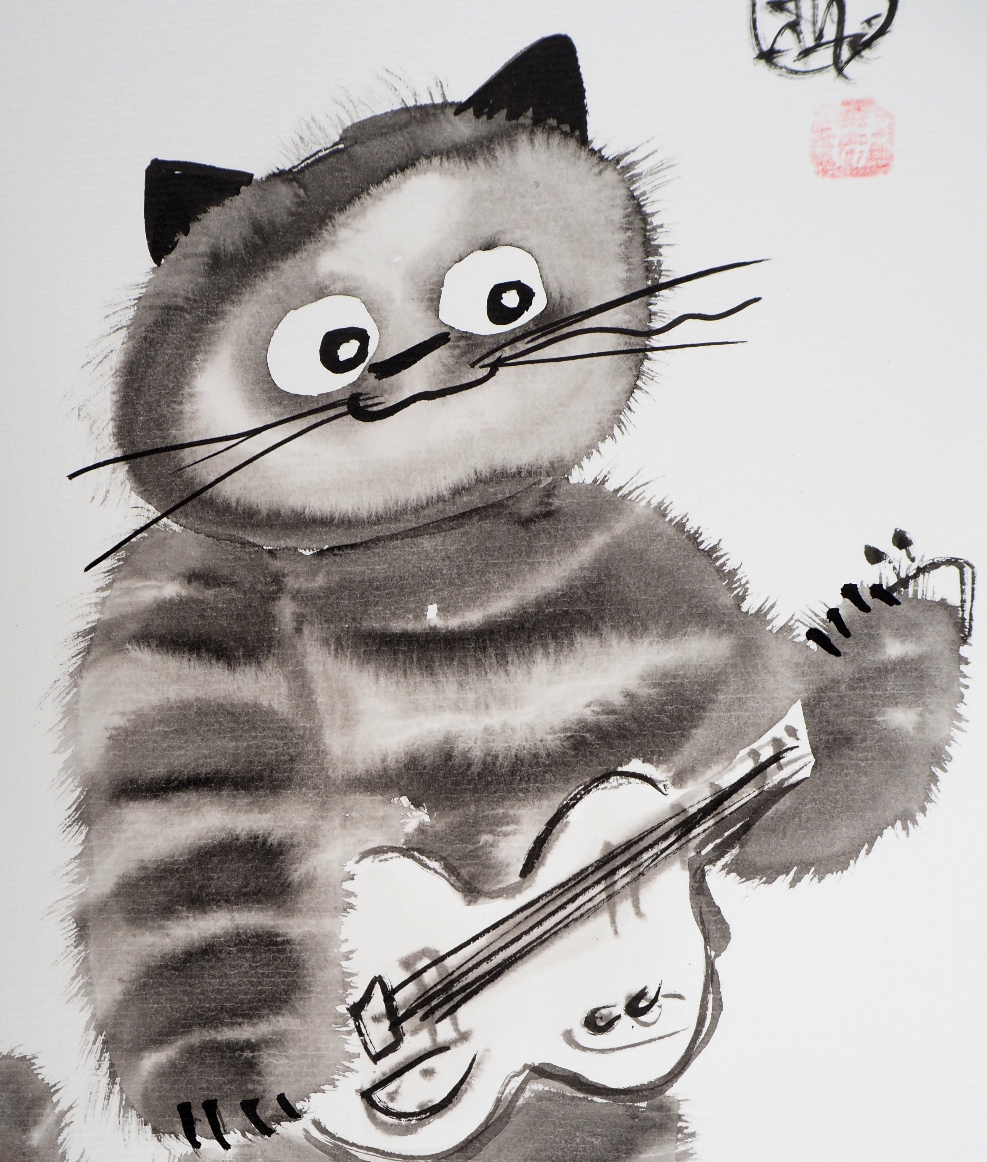 Guitarist Cat - Handsigned Original Ink Drawing  - Modern Art by Laszlo Tibay