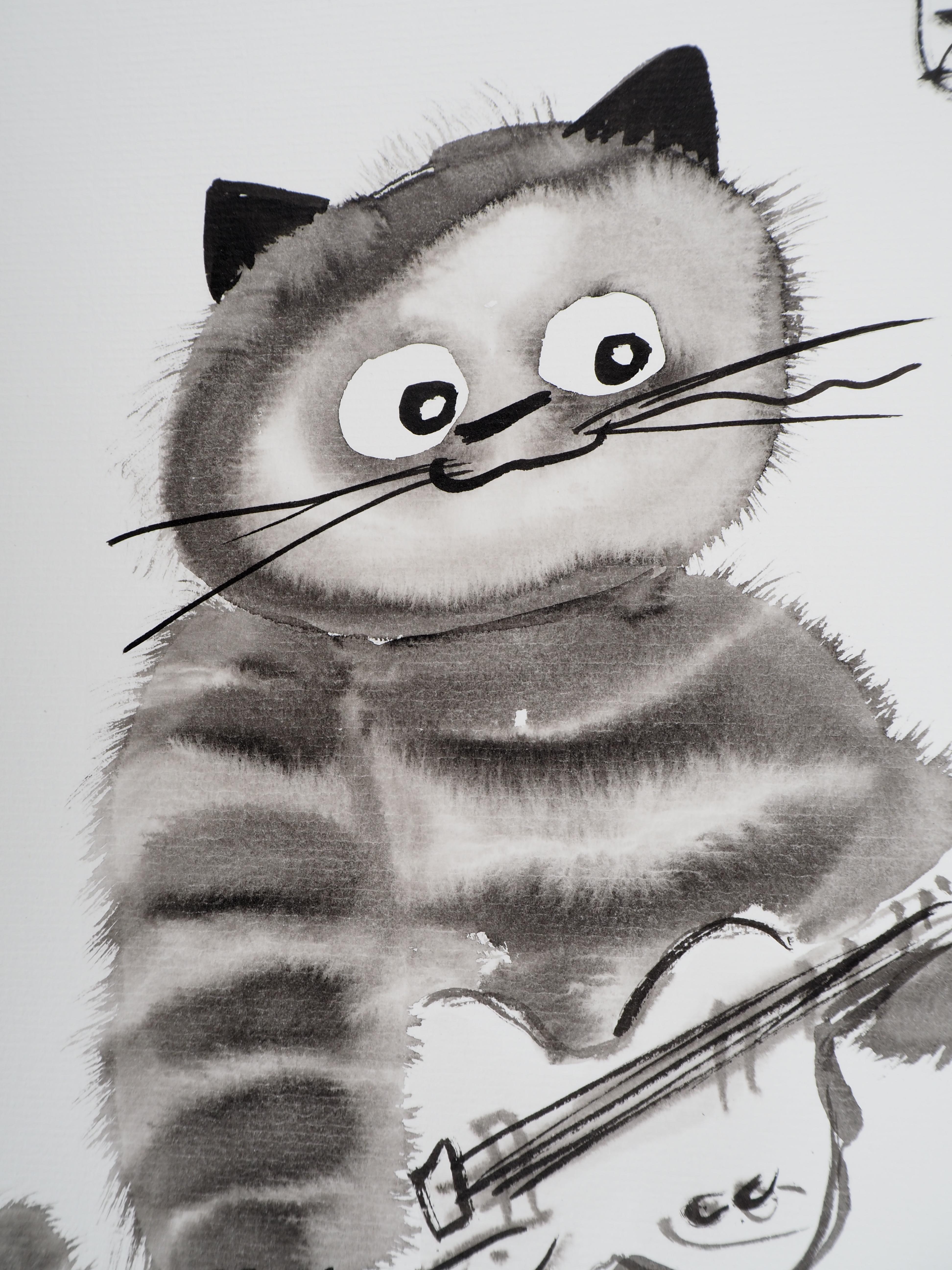 Guitarist Cat - Handsigned Original Ink Drawing  - Gray Animal Art by Laszlo Tibay