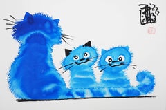 Mutter Katze und ihre beiden Kitten – handsignierte Original-Tintenzeichnung 