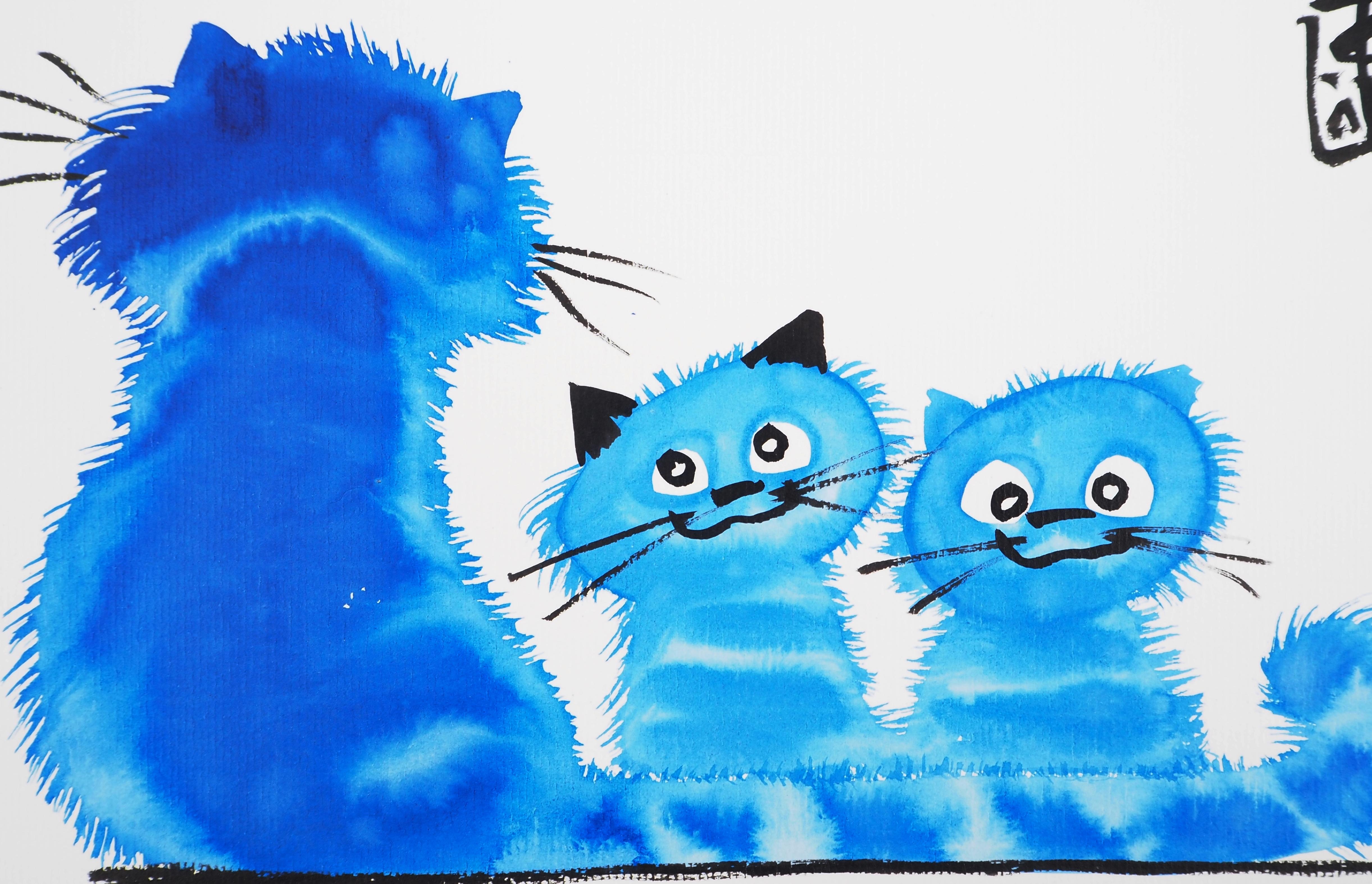Madre gata y sus dos gatitos - Dibujo original a tinta firmado a mano - Art de Laszlo Tibay
