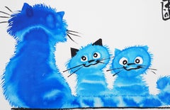 Mother Cat and her Two Kittens - Handsigned Original Ink Drawing