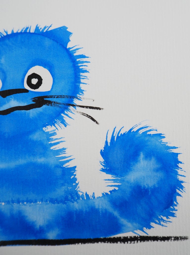 Dessin Original Signé Mateja – Chats Noirs Et Chaton Sous La Lune, Encre Et Crayon