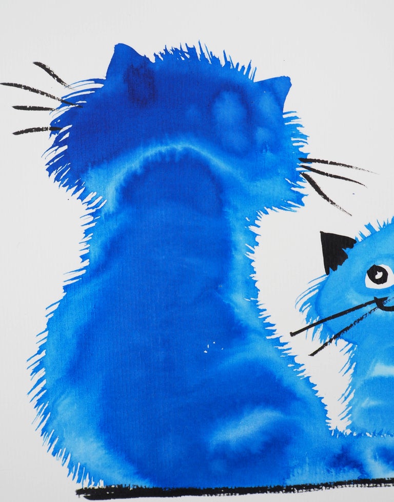 Dessin Original Signé Mateja – Chats Noirs Et Chaton Sous La Lune, Encre Et Crayon