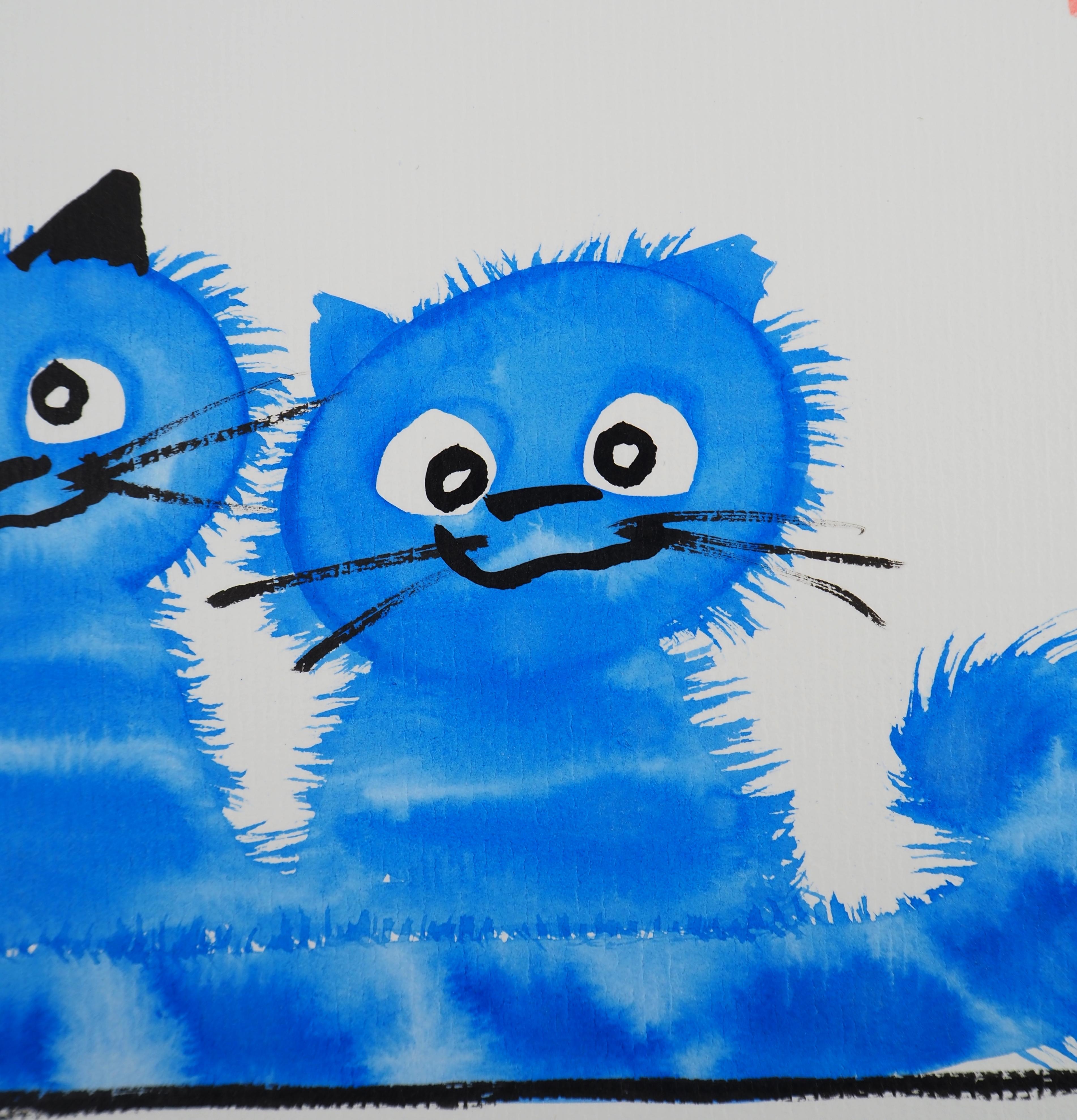 Mother Cat and her Two Kittens - Handsigned Original Ink Drawing  For Sale 1
