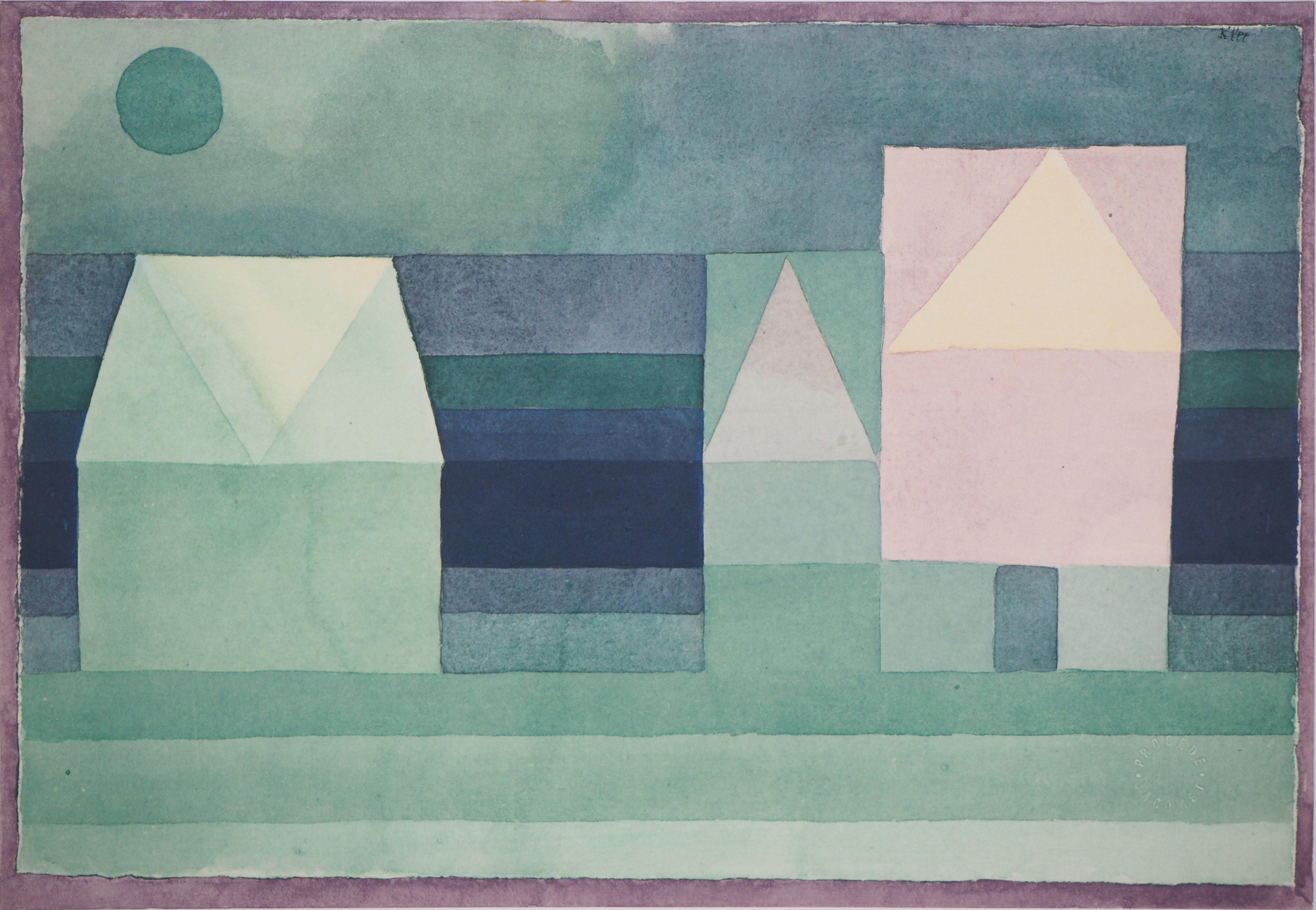 (after) Paul Klee Landscape Art - Three House, Green-Violet Gradation - Lithograph and Stencil