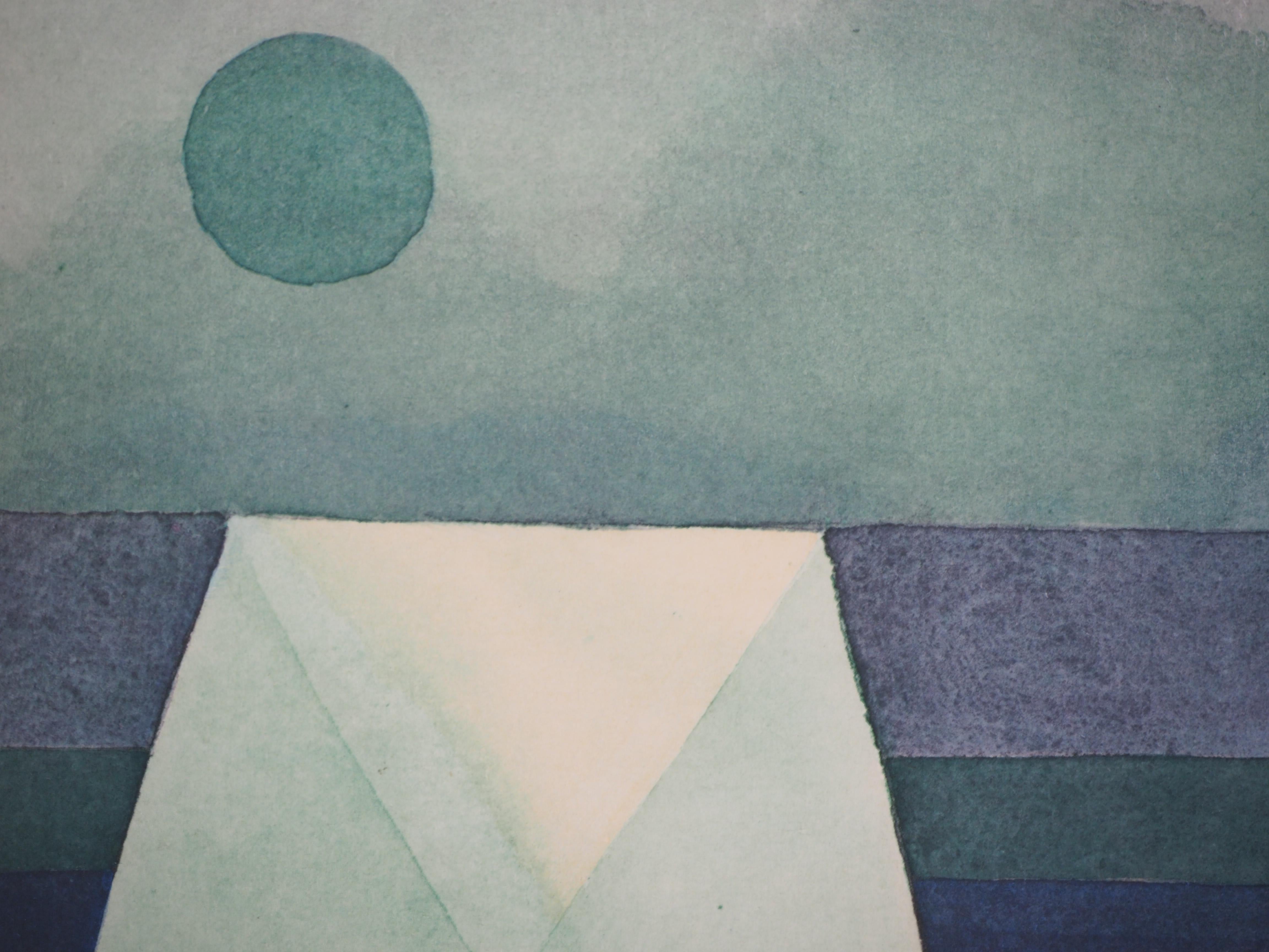 Tre case, gradazione verde-viola - Litografia e stencil - Landscape Art Grigio di (after) Paul Klee