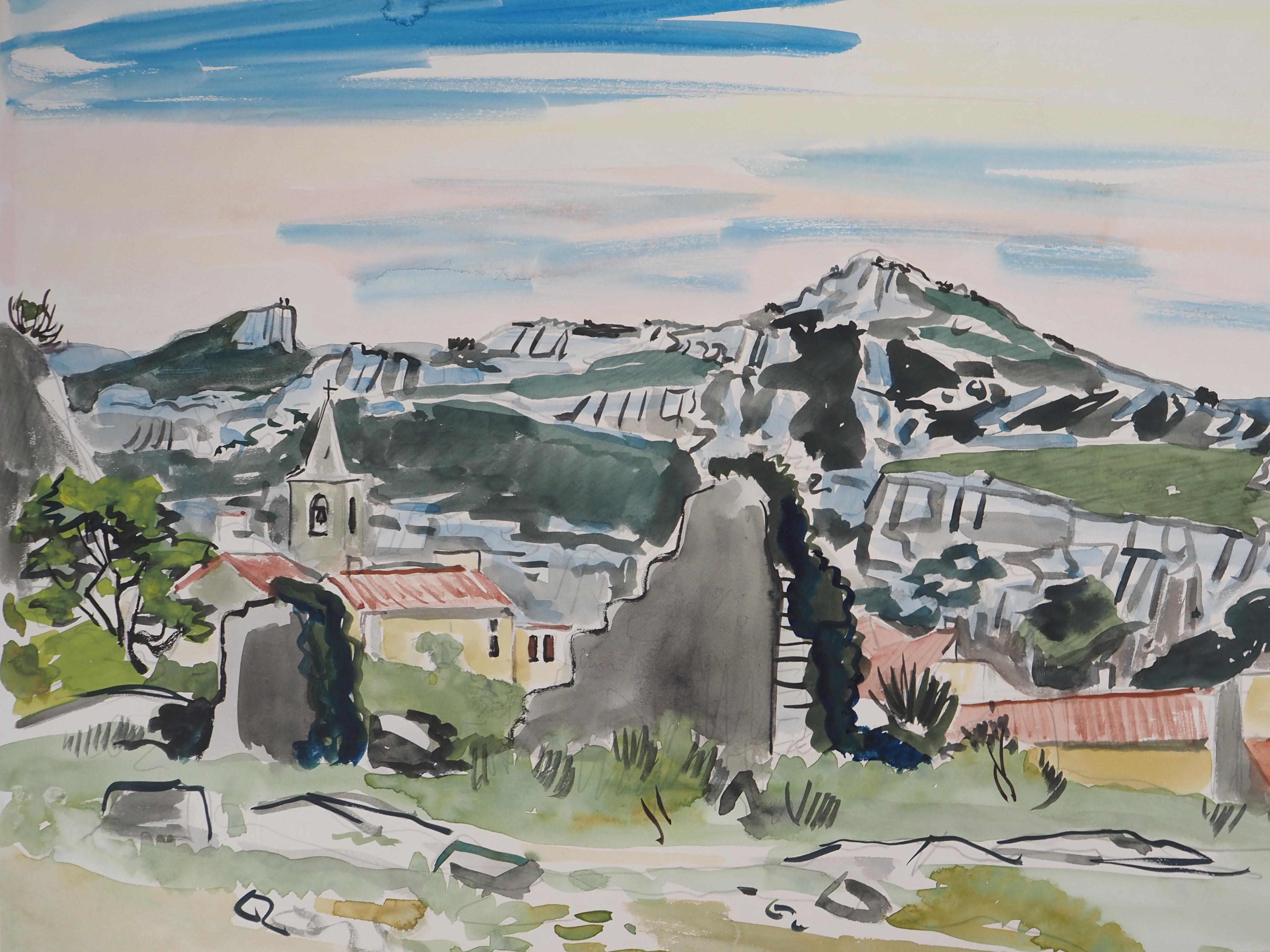 Aquarelle originale de Provence : Small Village and Mountains, signée à la main - Moderne Art par Yves Brayer