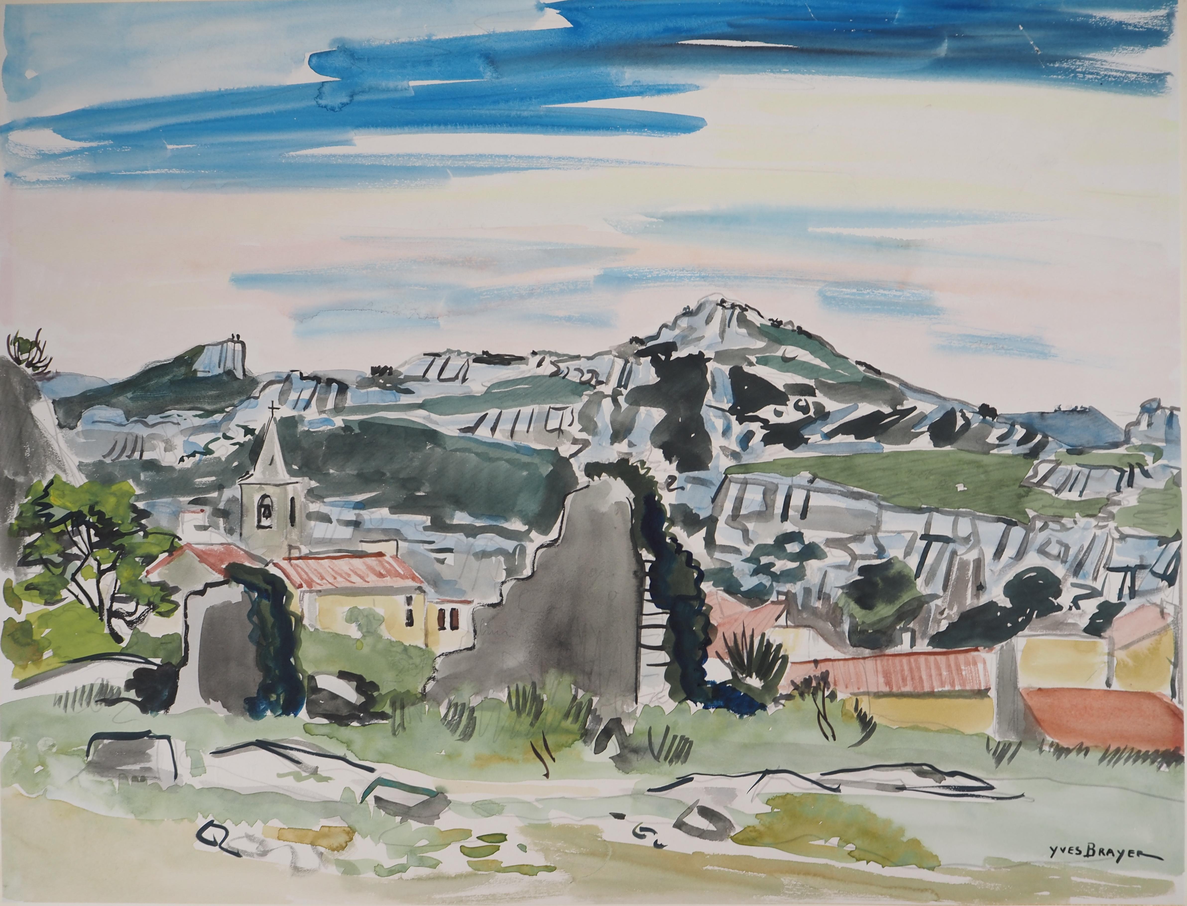 Landscape Art Yves Brayer - Aquarelle originale de Provence : Small Village and Mountains, signée à la main
