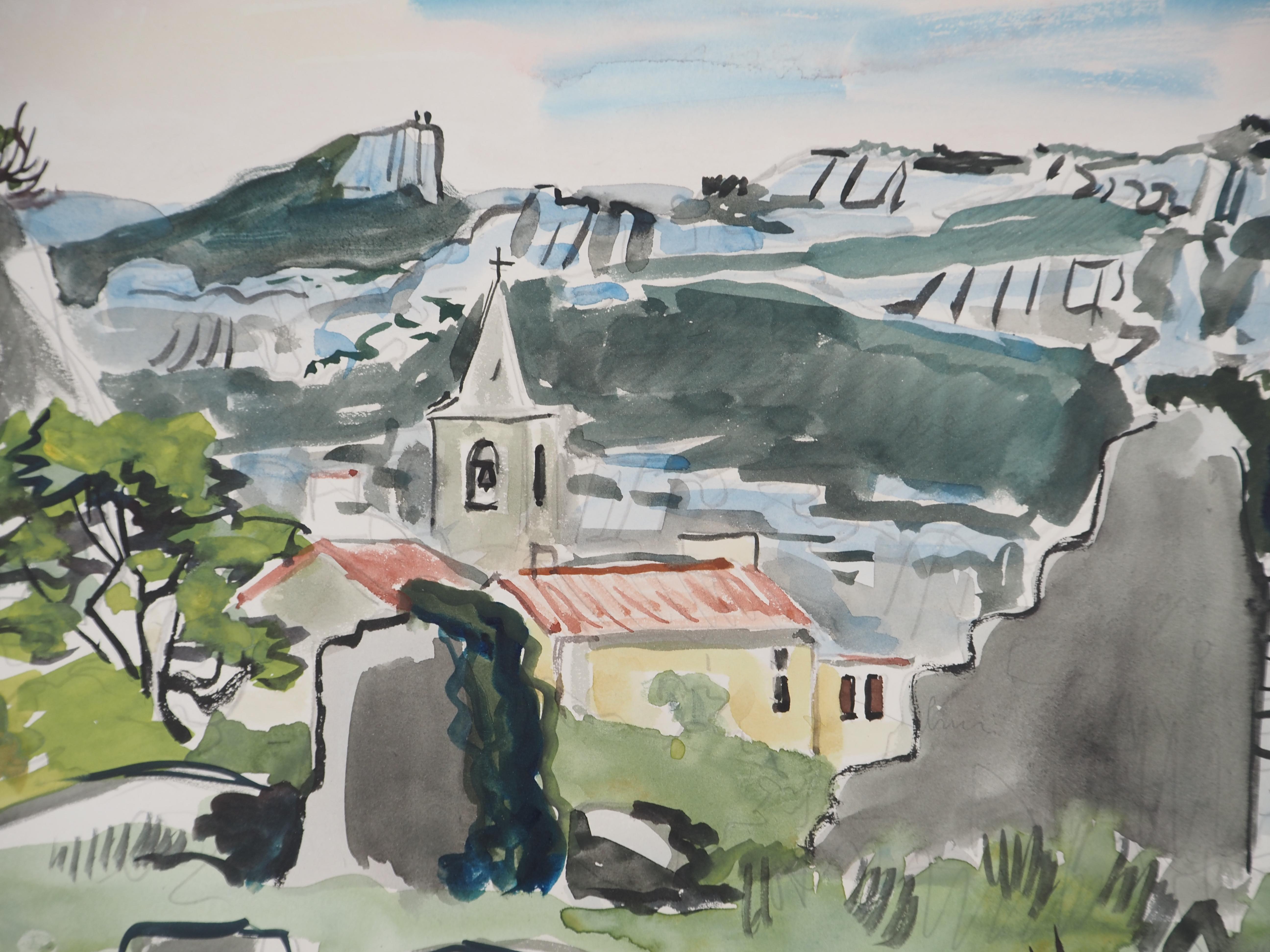 Aquarelle originale de Provence : Small Village and Mountains, signée à la main en vente 1