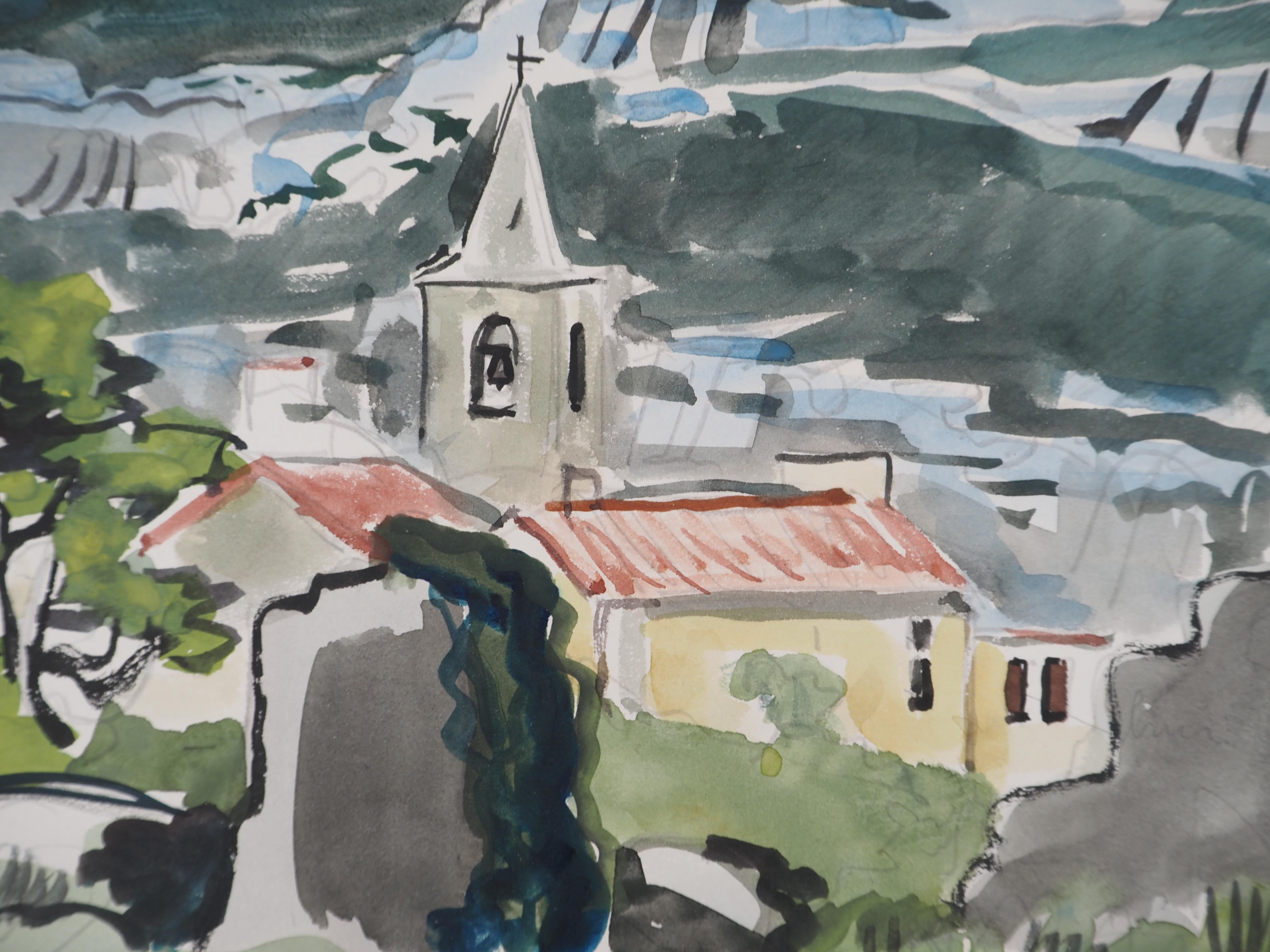 Provence : Small Village and Mountains - Original Watercolor, Handsigned For Sale 2