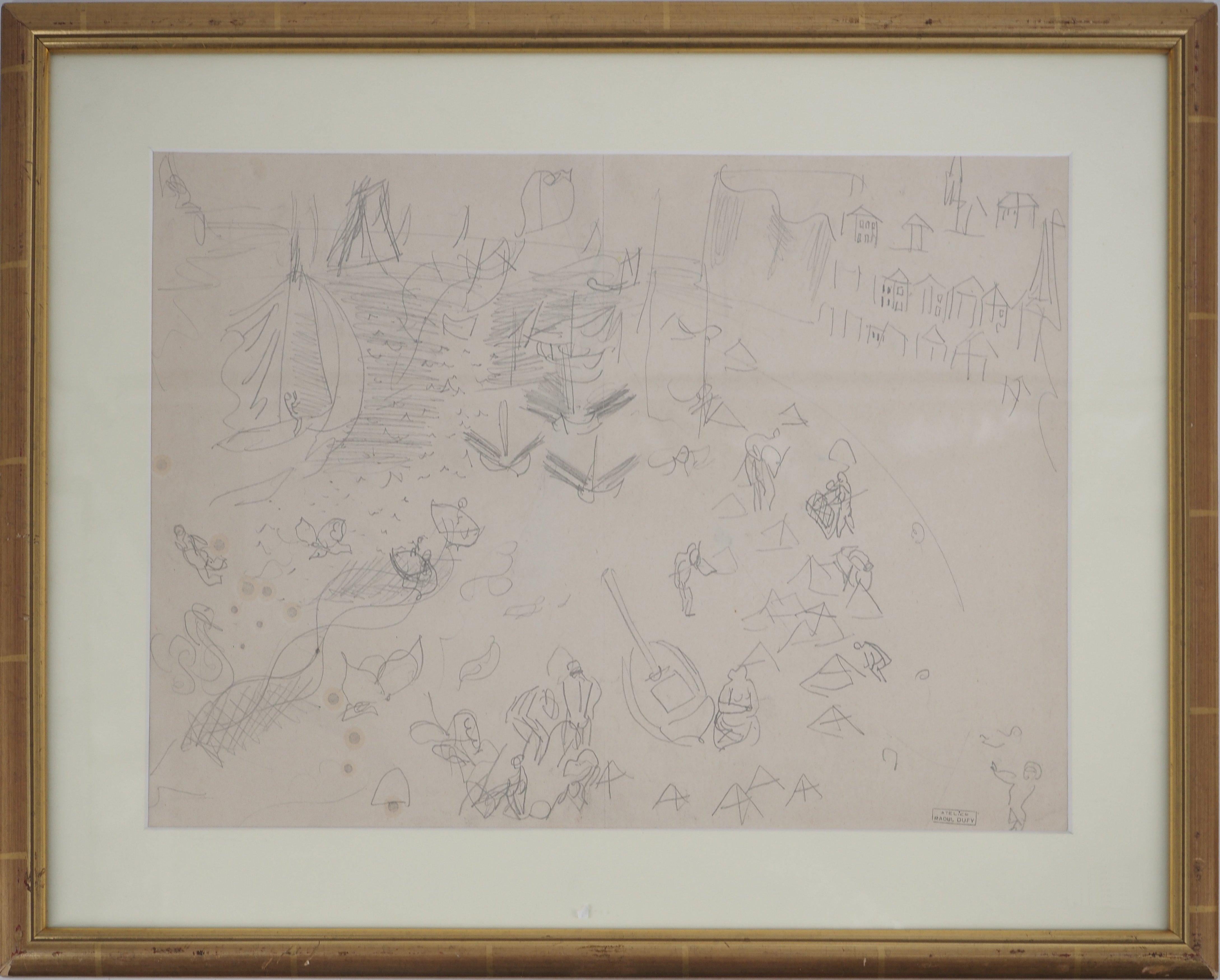 Normandy : Animated Beach and Sailboats - Original Pencil Drawing - Art by Raoul Dufy