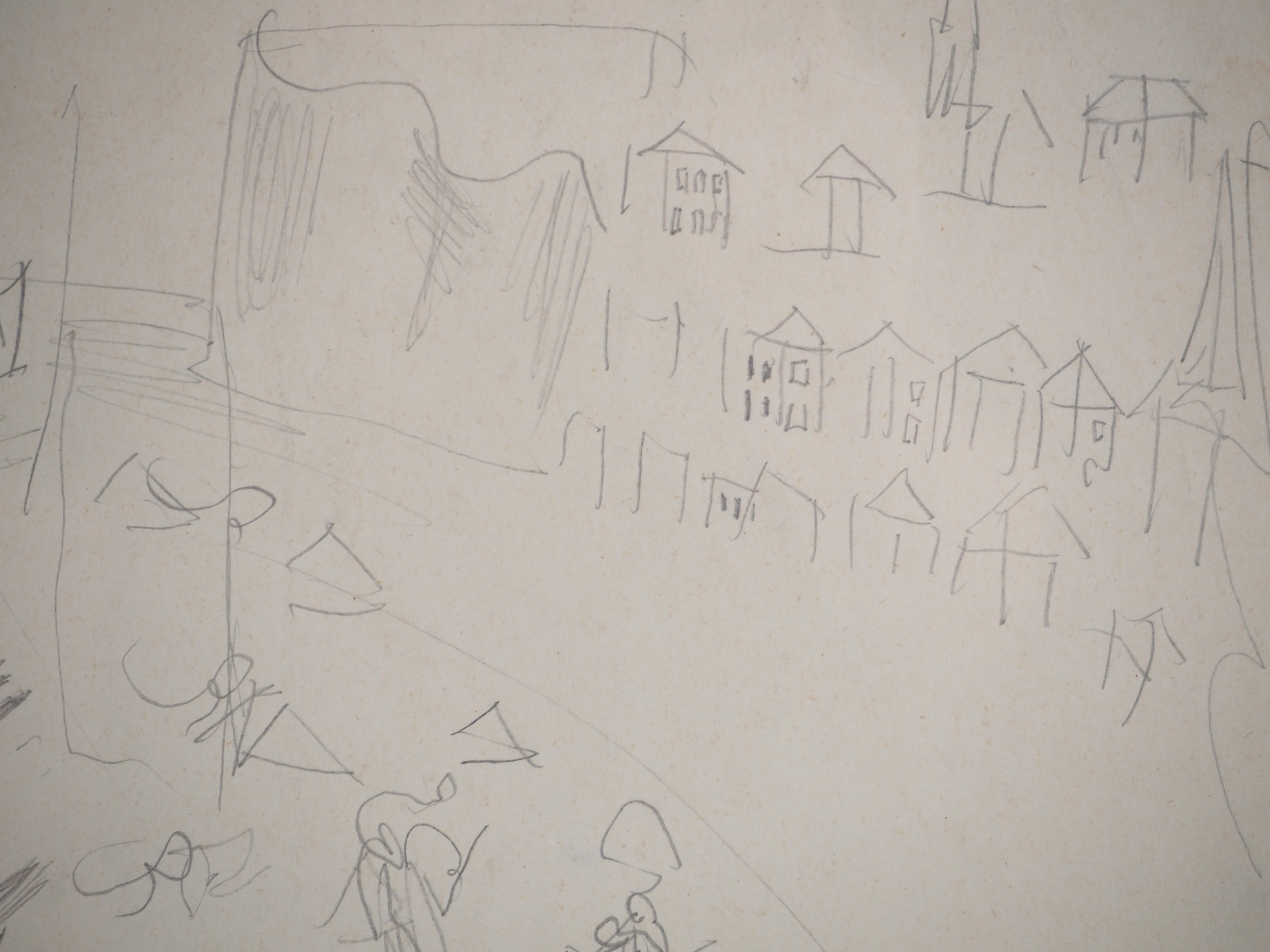 Normandy : Animated Beach and Sailboats - Original Pencil Drawing For Sale 1
