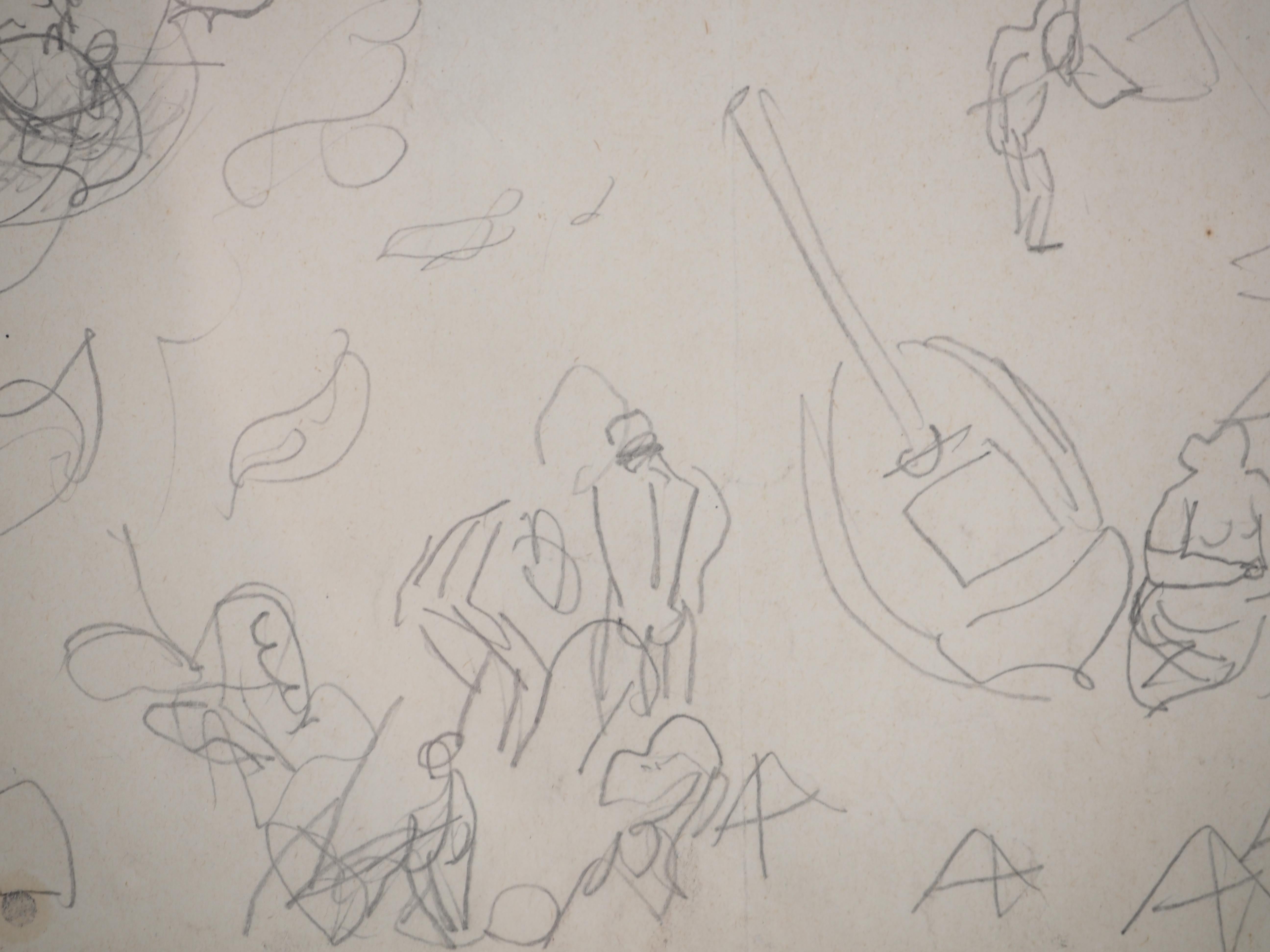 Normandy : Animated Beach and Sailboats - Original Pencil Drawing For Sale 2