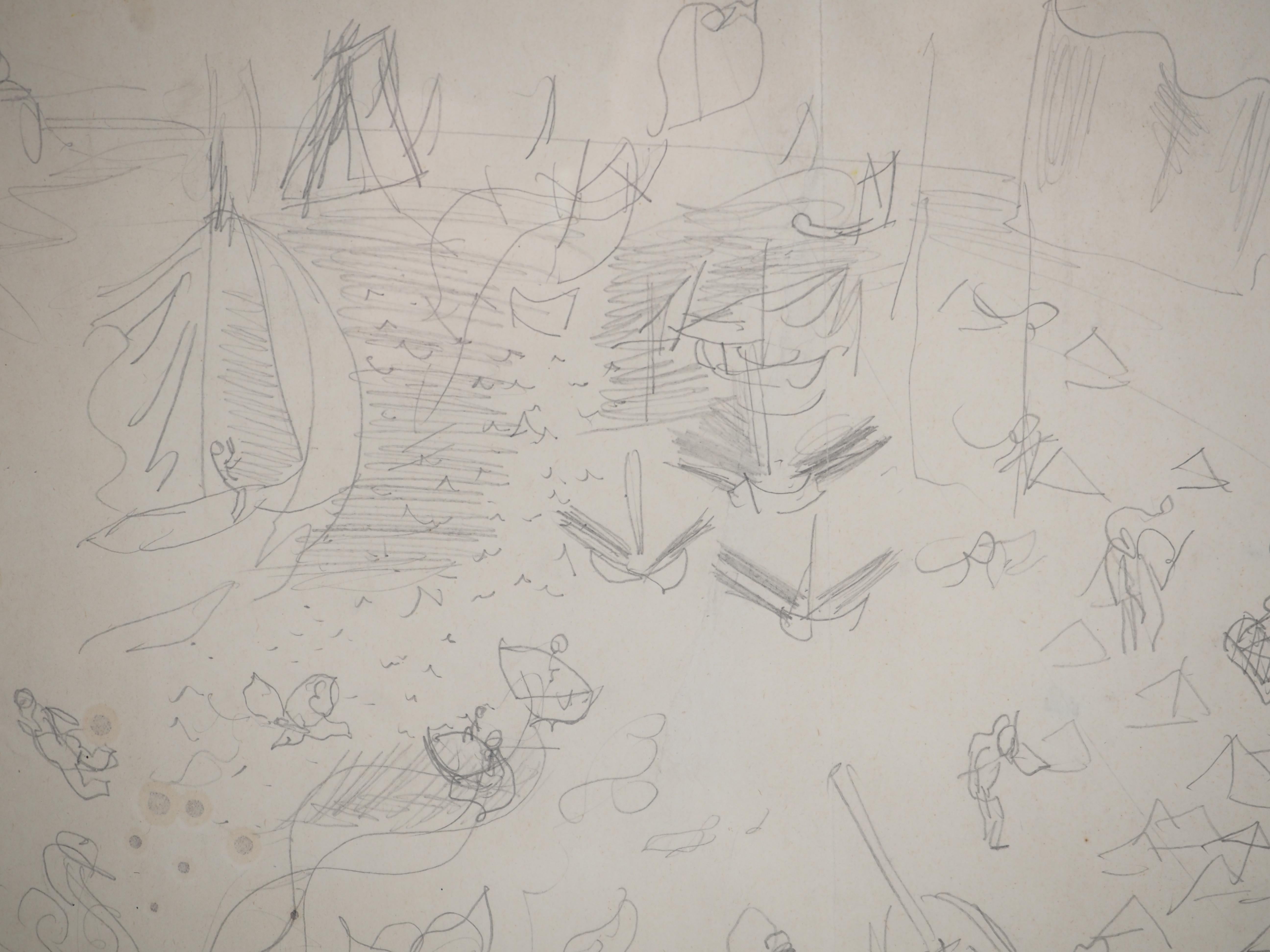 Normandy : Animated Beach and Sailboats - Original Pencil Drawing For Sale 1